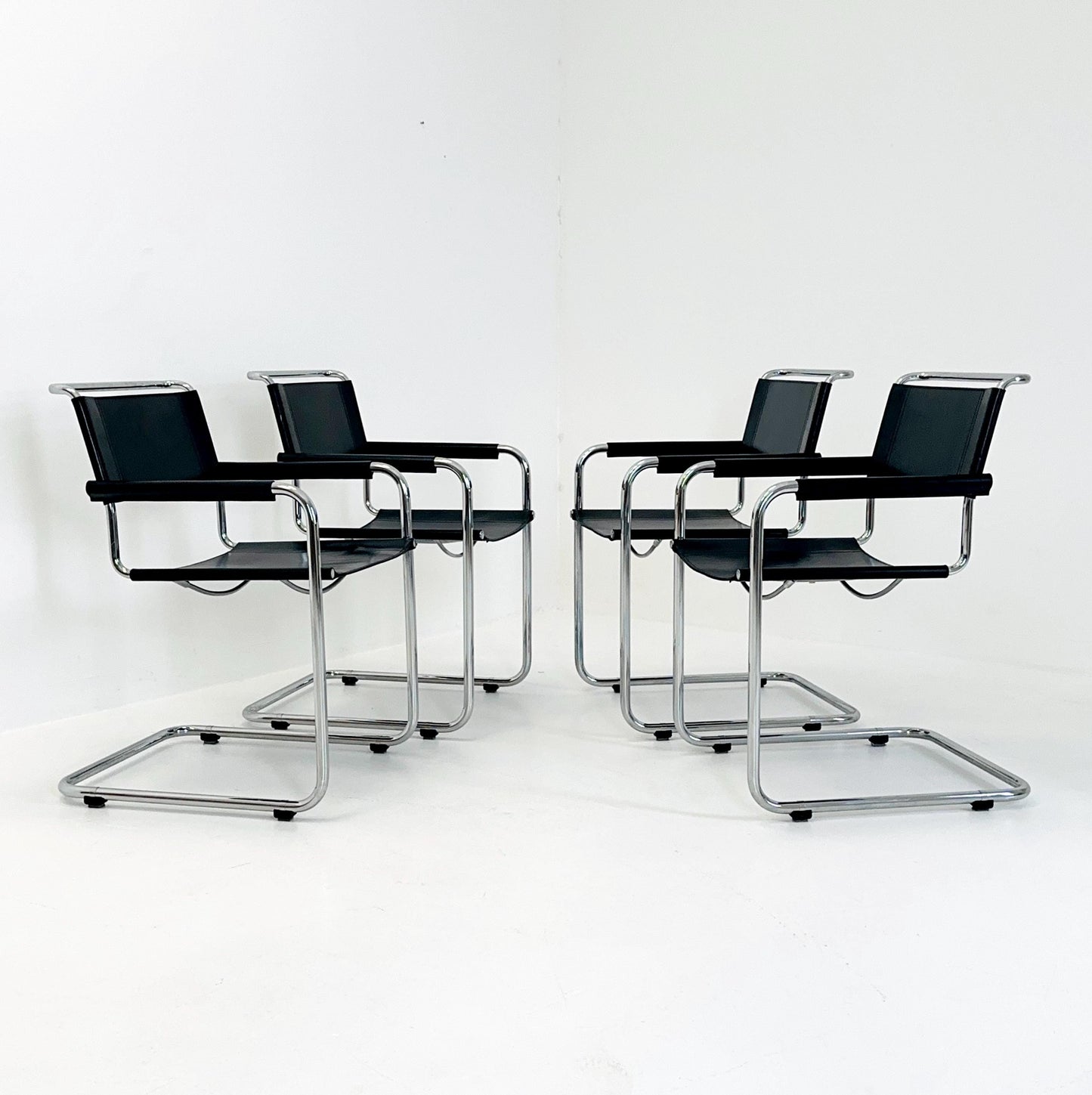 Set of 4 Mid Century S34 armchairs black leather by Mart Stam for Italia Mobilia 1980s