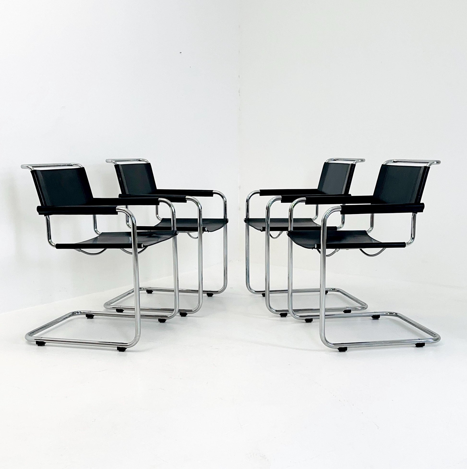 Set of 4 Mid Century S34 armchairs black leather by Mart Stam for Italia Mobilia 1980s