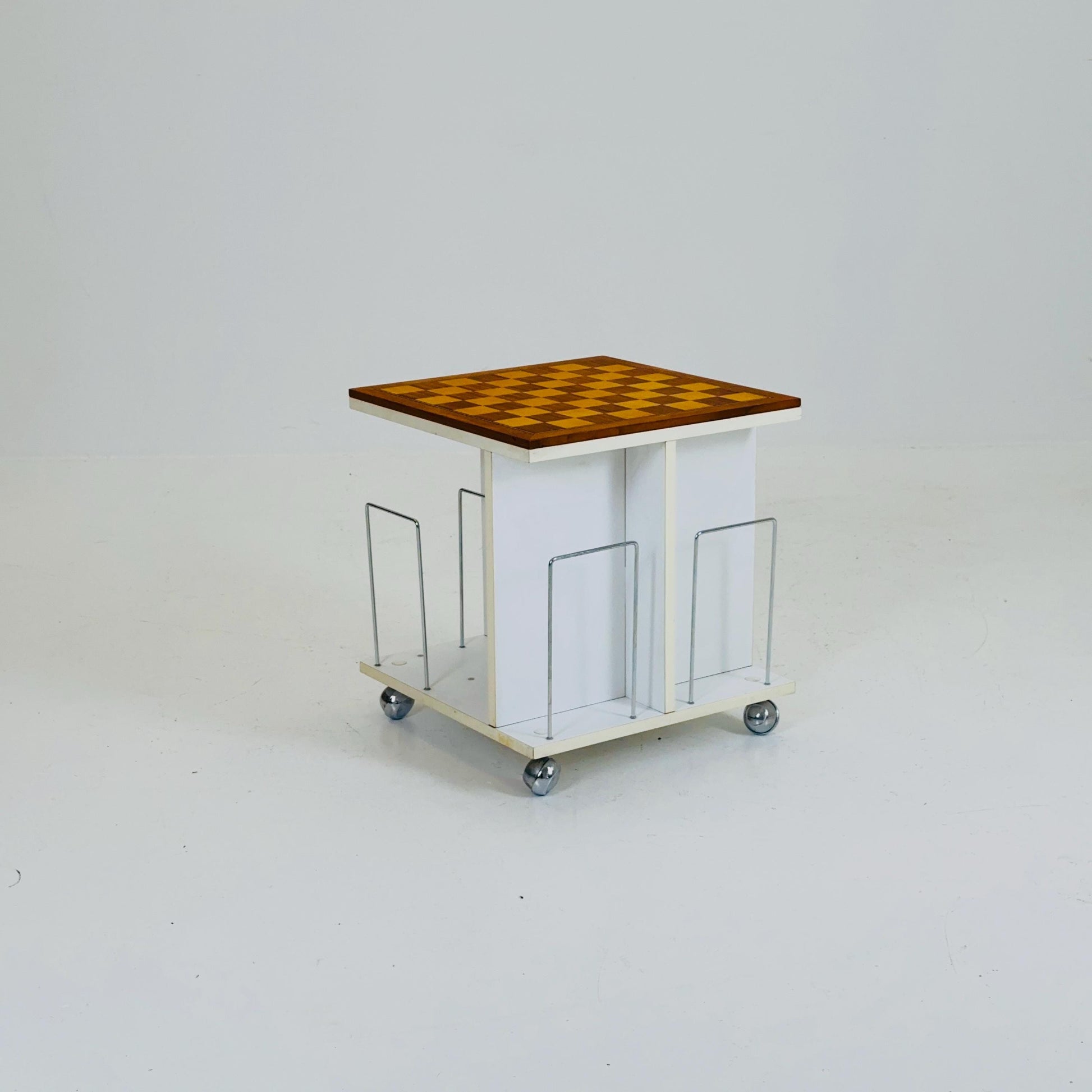 Mid century side table - trolley with magazine rack storage and chess game top 1970s