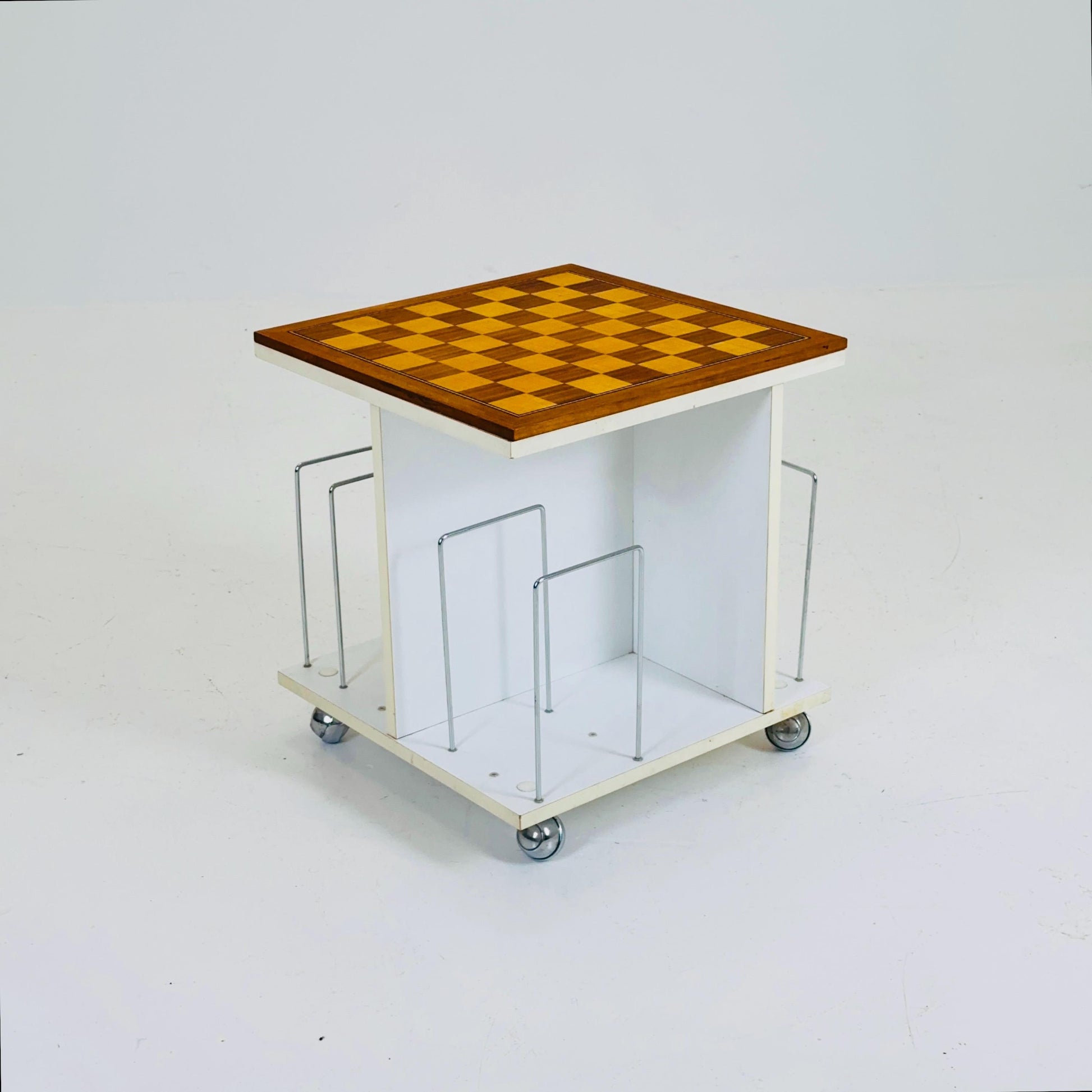 Mid century side table - trolley with magazine rack storage and chess game top 1970s