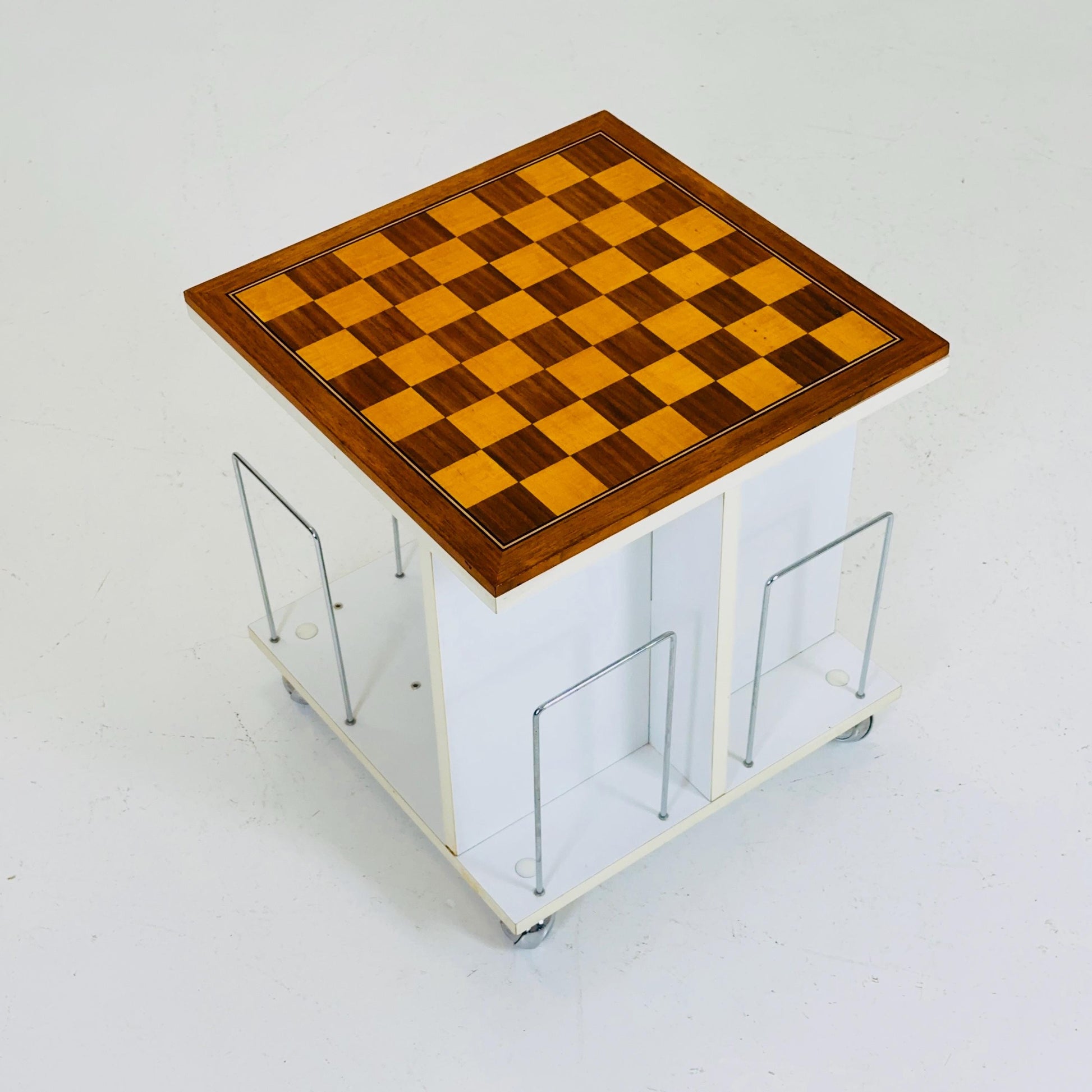 Mid century side table - trolley with magazine rack storage and chess game top 1970s