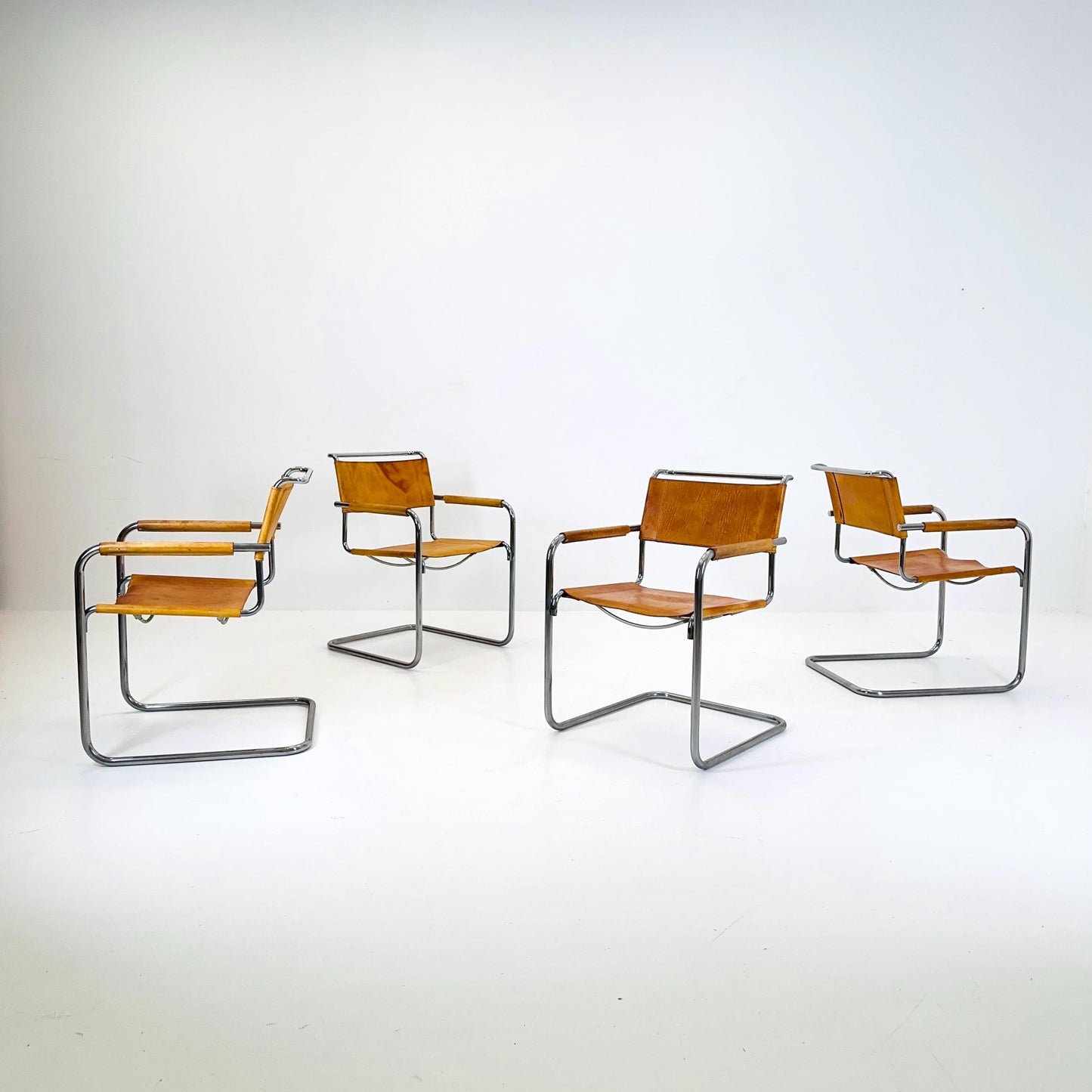 Set of 4 Cantilever Armchairs S34 in Cognac Leather for Mart Stam by Thonet, 1980s