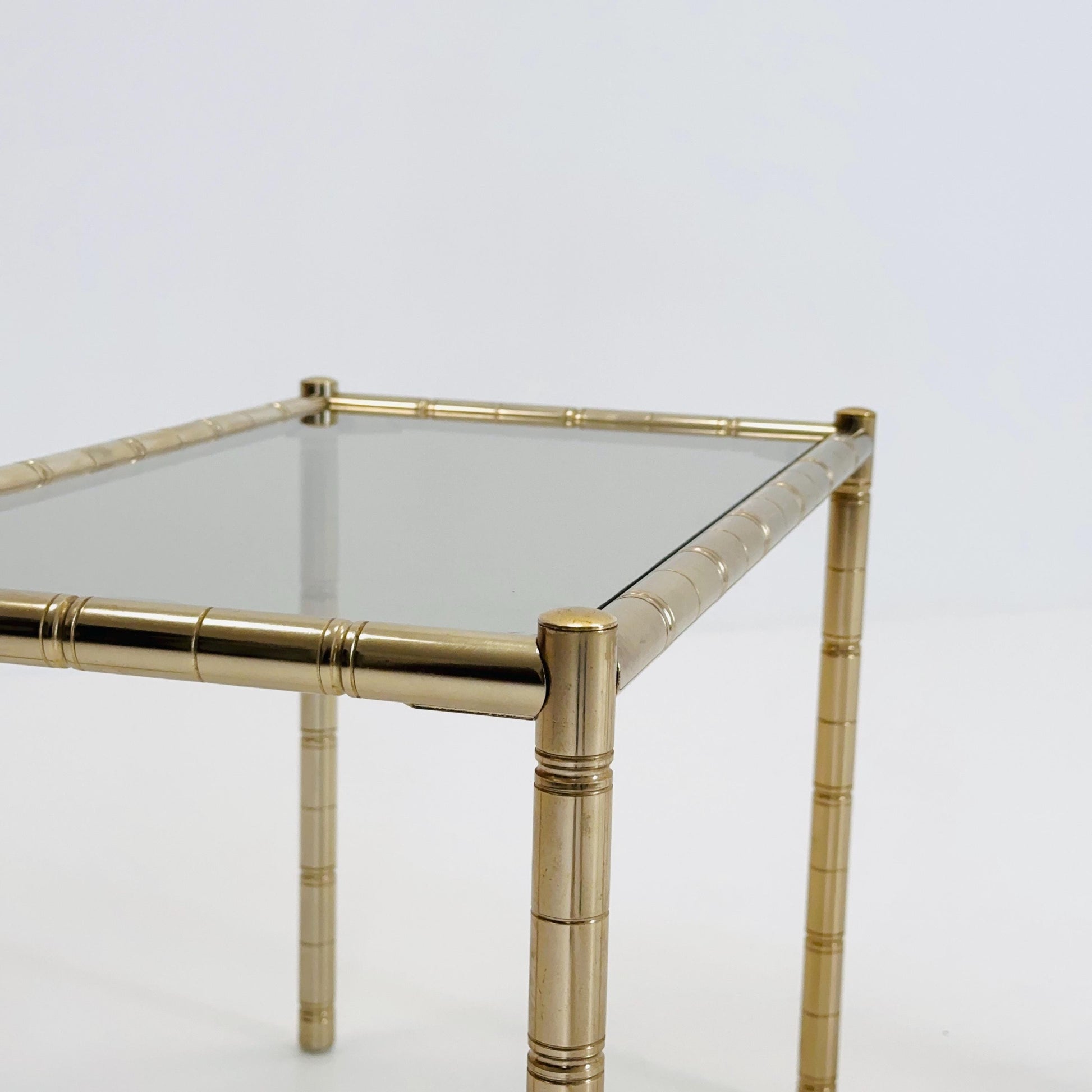 Set of 2 Hollywood regency Brass side tables /bedside tables with artificial bamboo imitation & glass frame, 1960s,Italy
