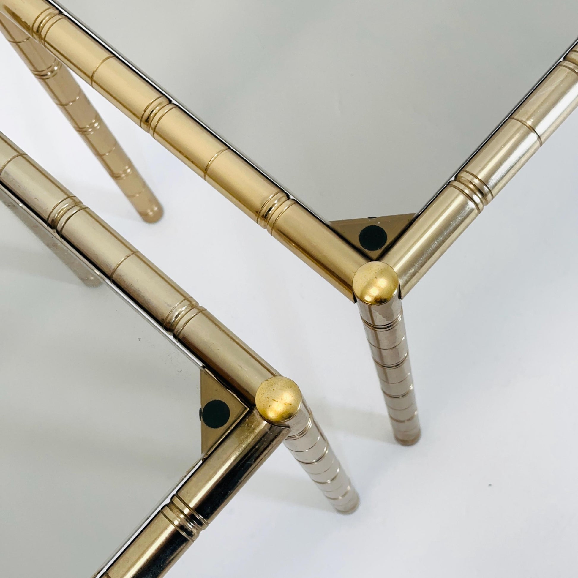 Set of 2 Hollywood regency Brass side tables /bedside tables with artificial bamboo imitation & glass frame, 1960s,Italy