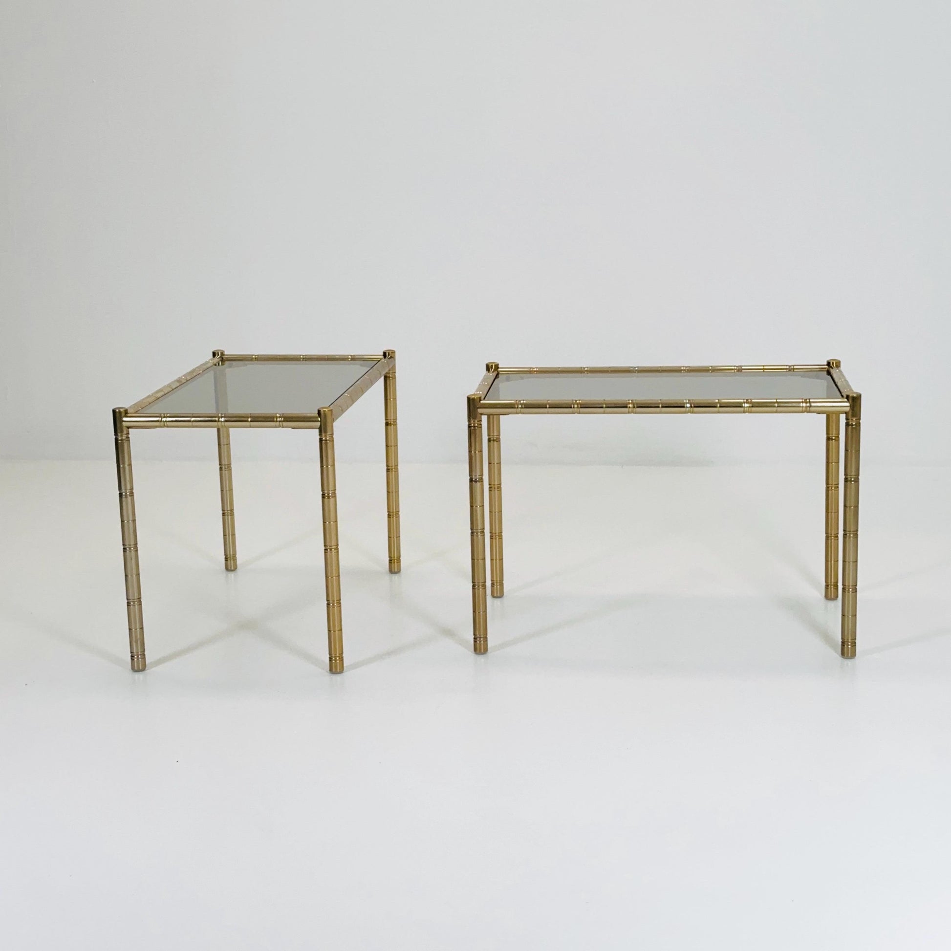 Set of 2 Hollywood regency Brass side tables /bedside tables with artificial bamboo imitation & glass frame, 1960s,Italy