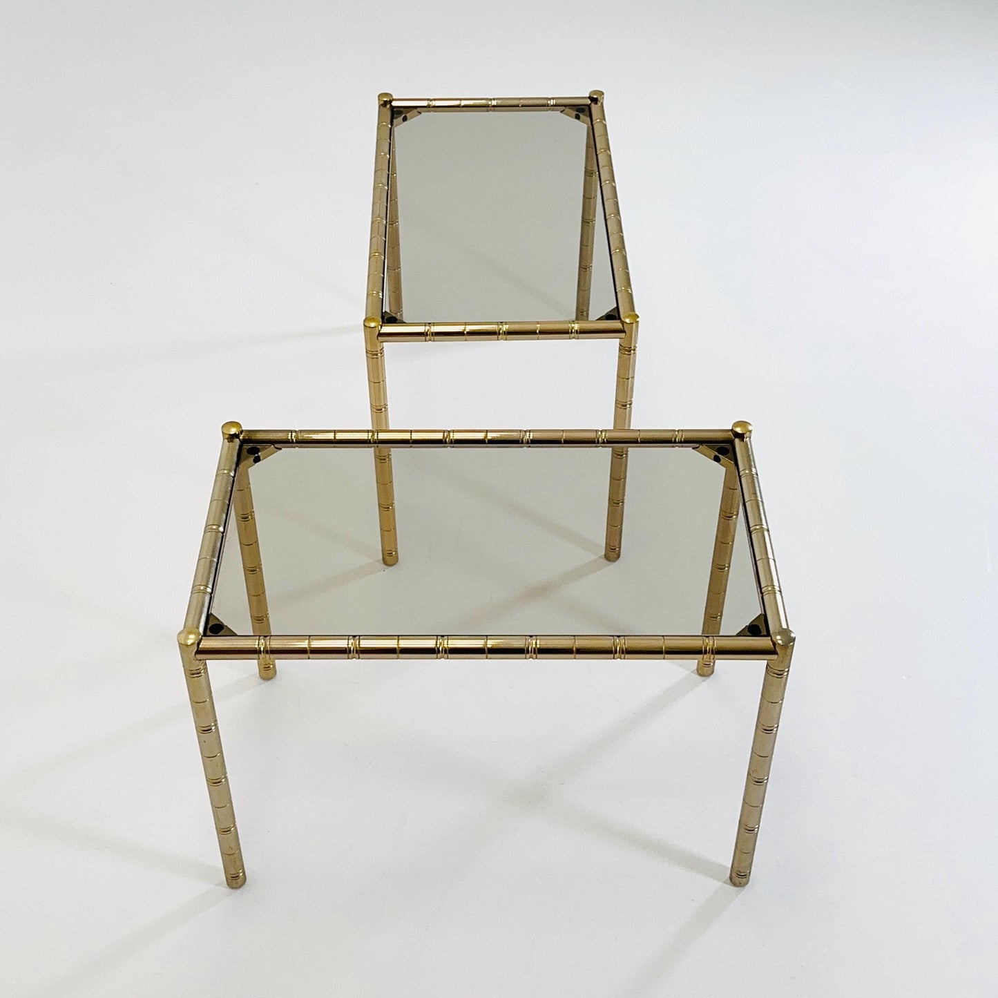 Set of 2 Hollywood regency Brass side tables /bedside tables with artificial bamboo imitation & glass frame, 1960s,Italy