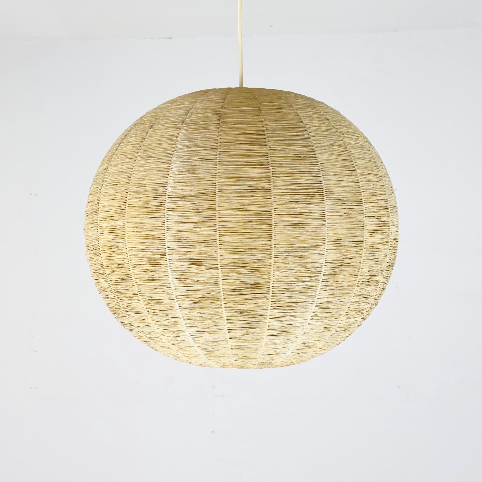 Vintage 1970s Cocoon Raffia Ball Lamp, Large Mid-Century Natural Fiber Pendant Light”