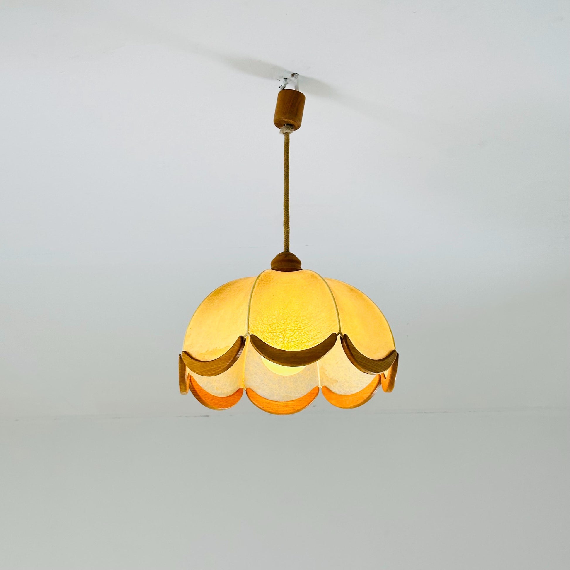 Mid century Scalloped, cocoon style Pendant Lamp with Wooden Accents 1960s