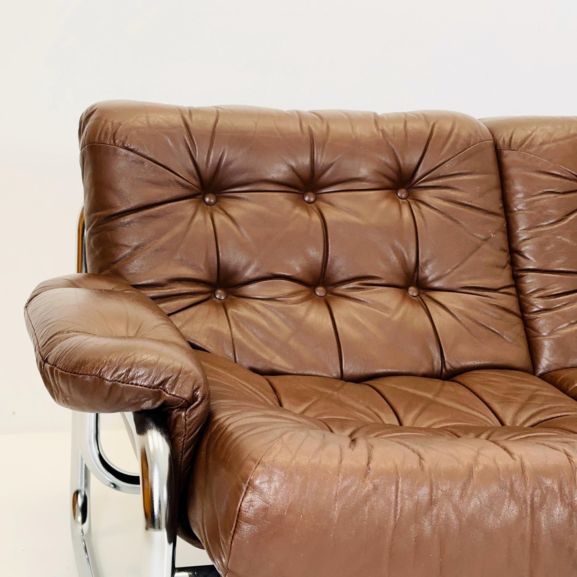 Mid century 3-Seater / tubular frame brown leather sofa "BORKUM" by Johan Bertil Häggström for Ikea 1970s