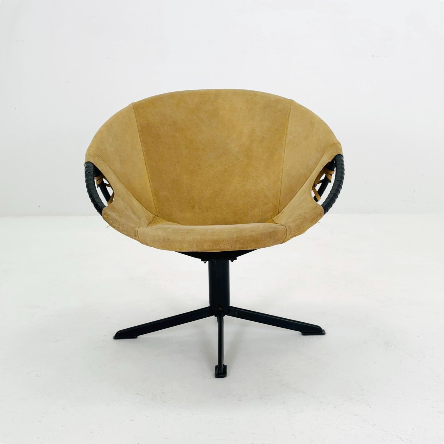 Mid century Suede Lounge Chair with Black Iron Frame , Mcm Design Germany 1960s