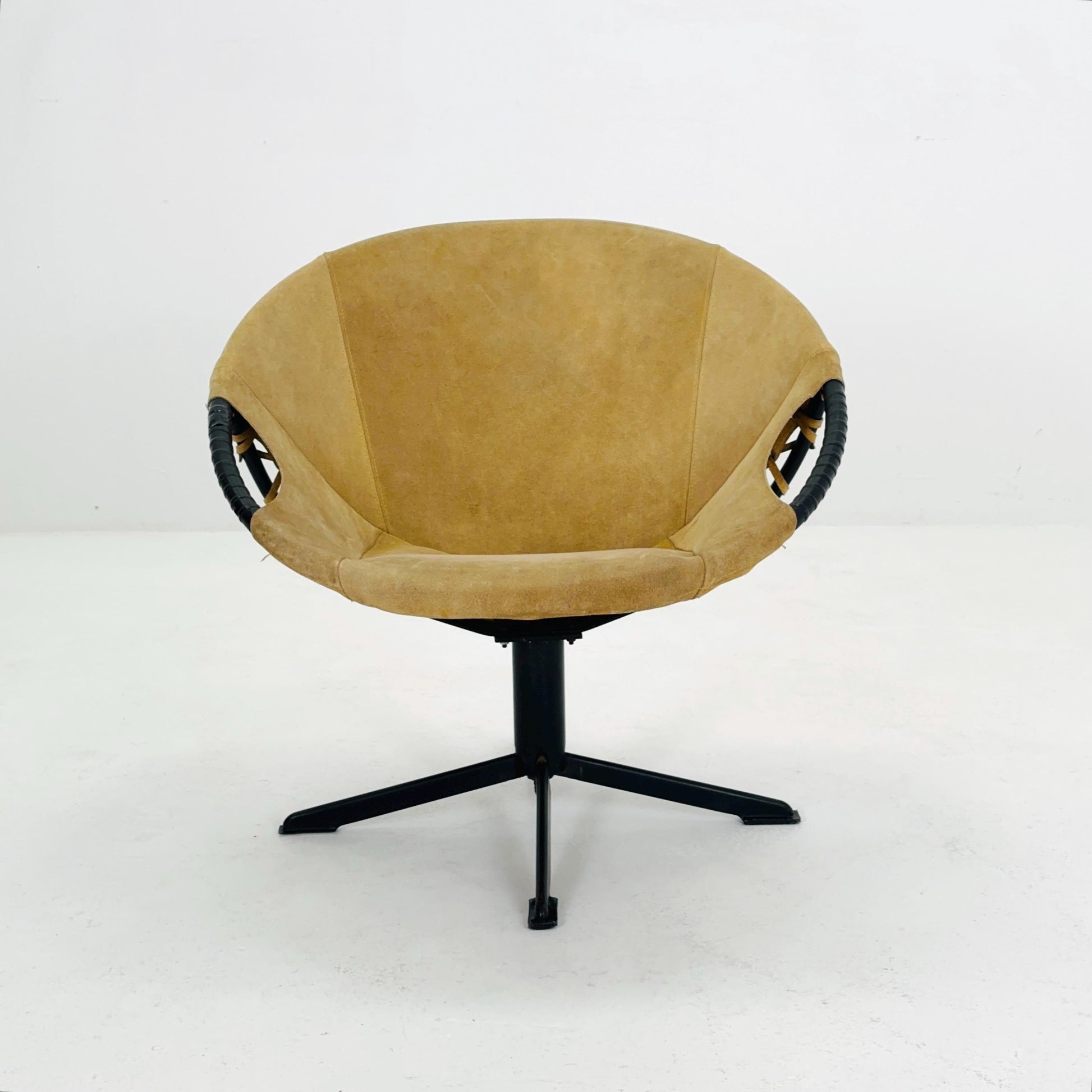 Mid century Suede Lounge Chair with Black Iron Frame , Mcm Design Germany 1960s