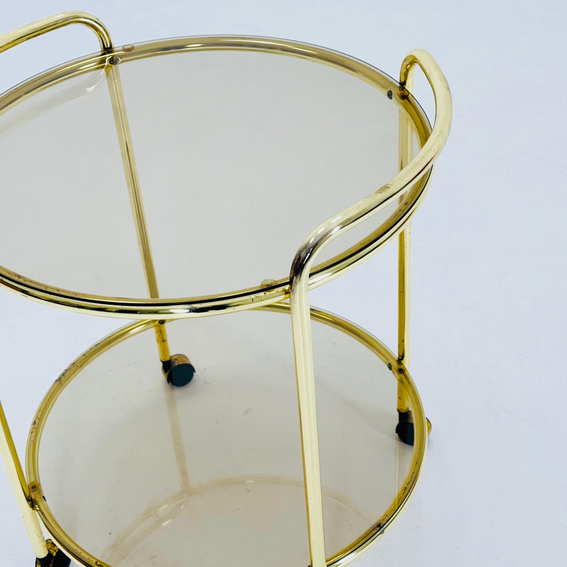 Mid Century Modern Bar/ Tea Cart Gold/Brass smoked Glass France 1970s .