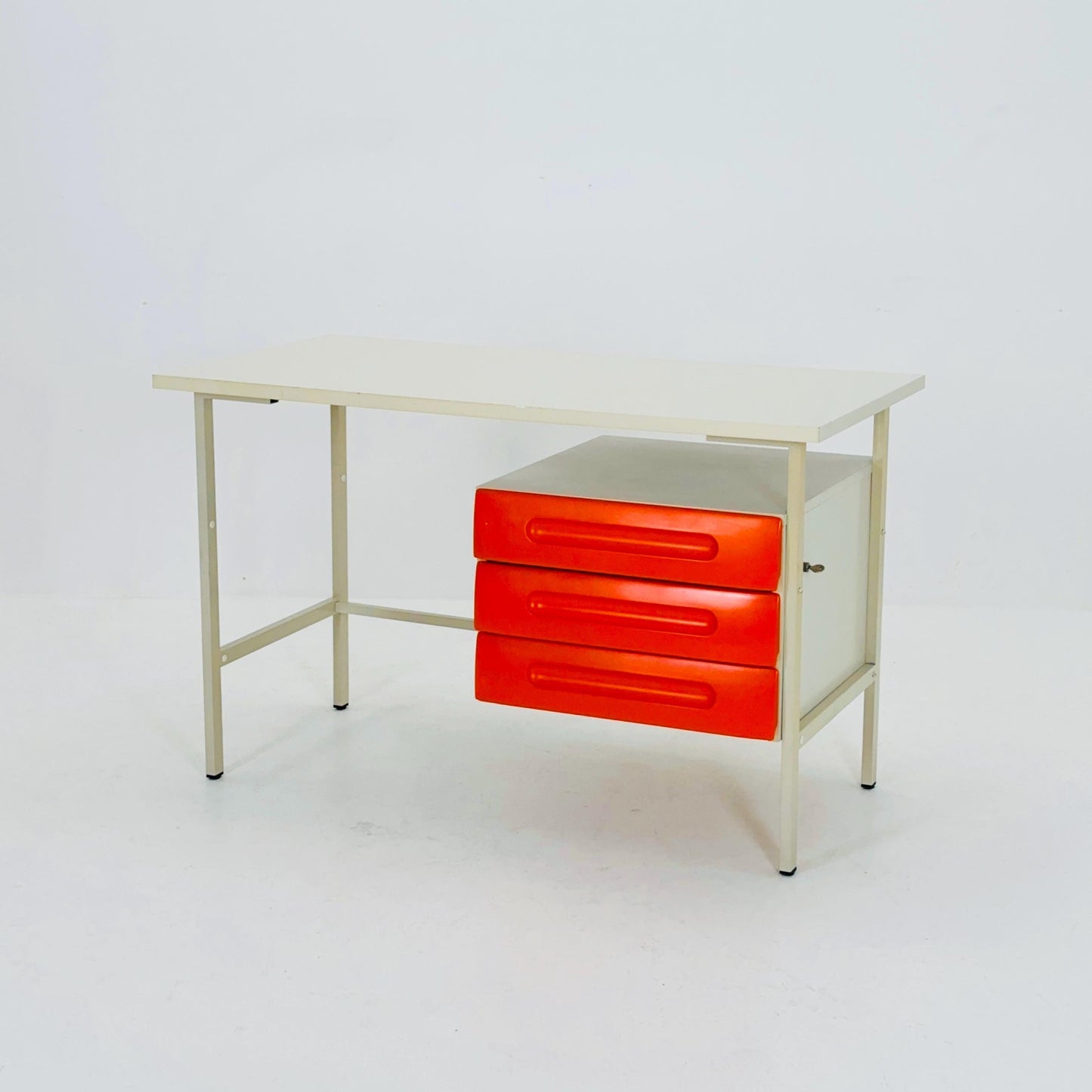 Mid-Century Space Age Desk White & Orange Drawers | Schönbuch Germany 1970s