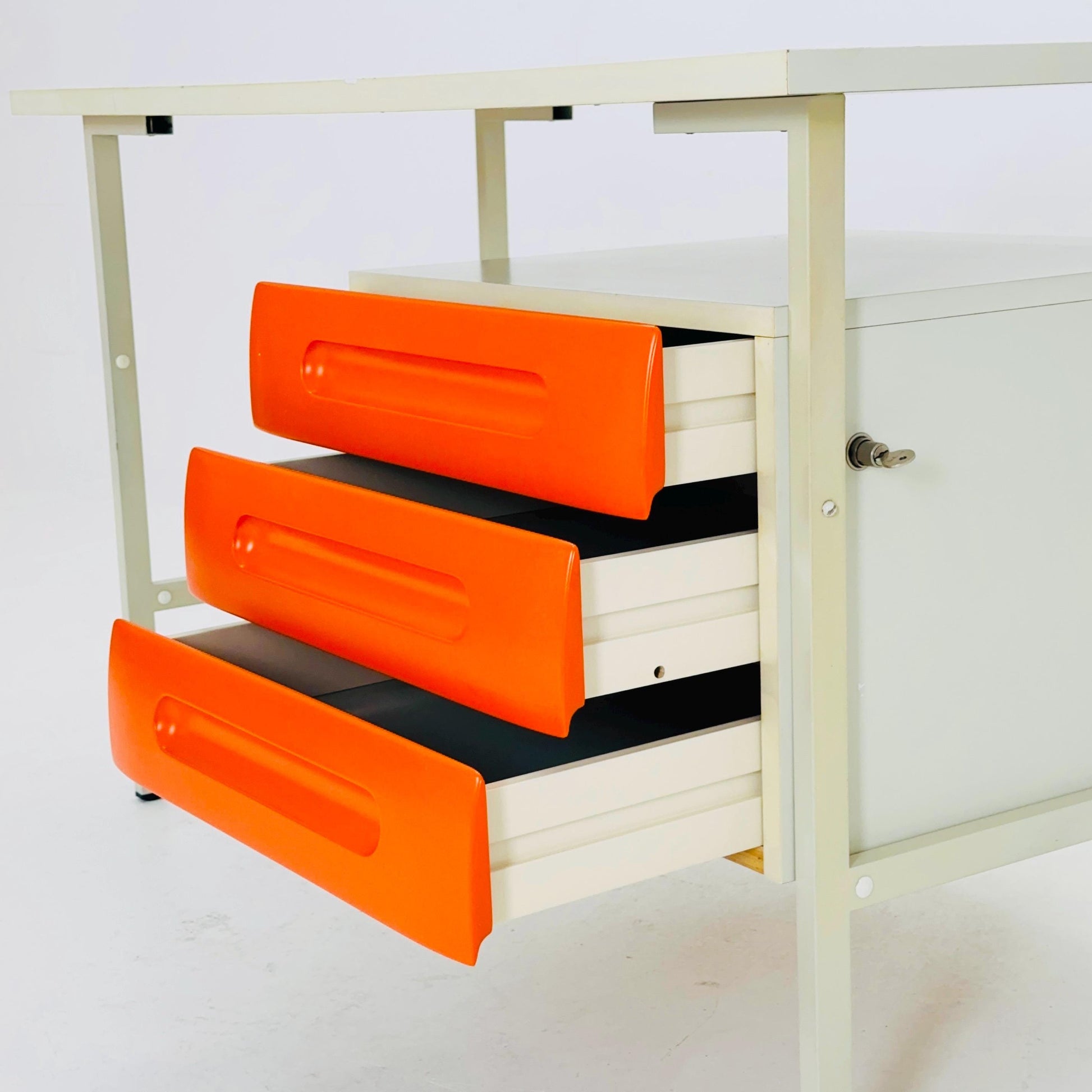 Mid-Century Space Age Desk White & Orange Drawers | Schönbuch Germany 1970s