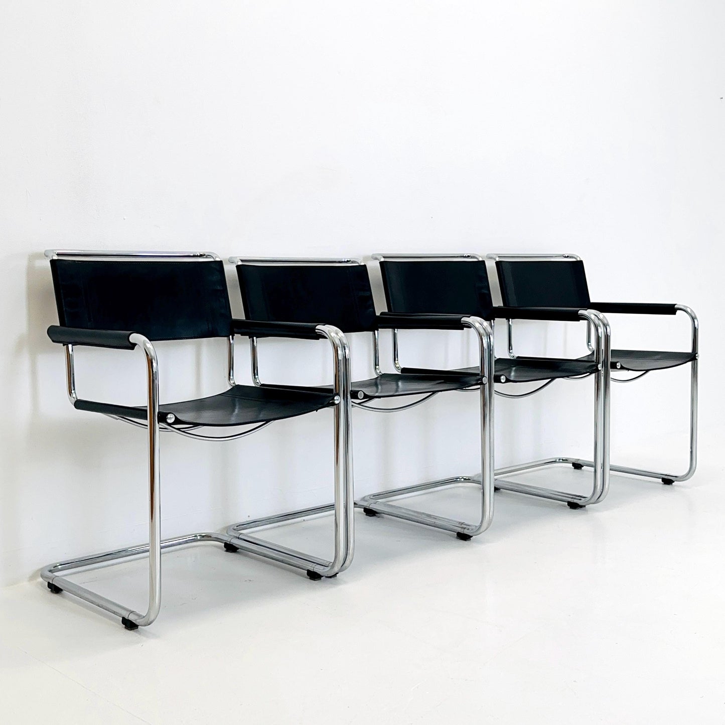 Set of 4 Mid Century S34 armchairs black leather by Mart Stam for Italia Mobilia 1980s