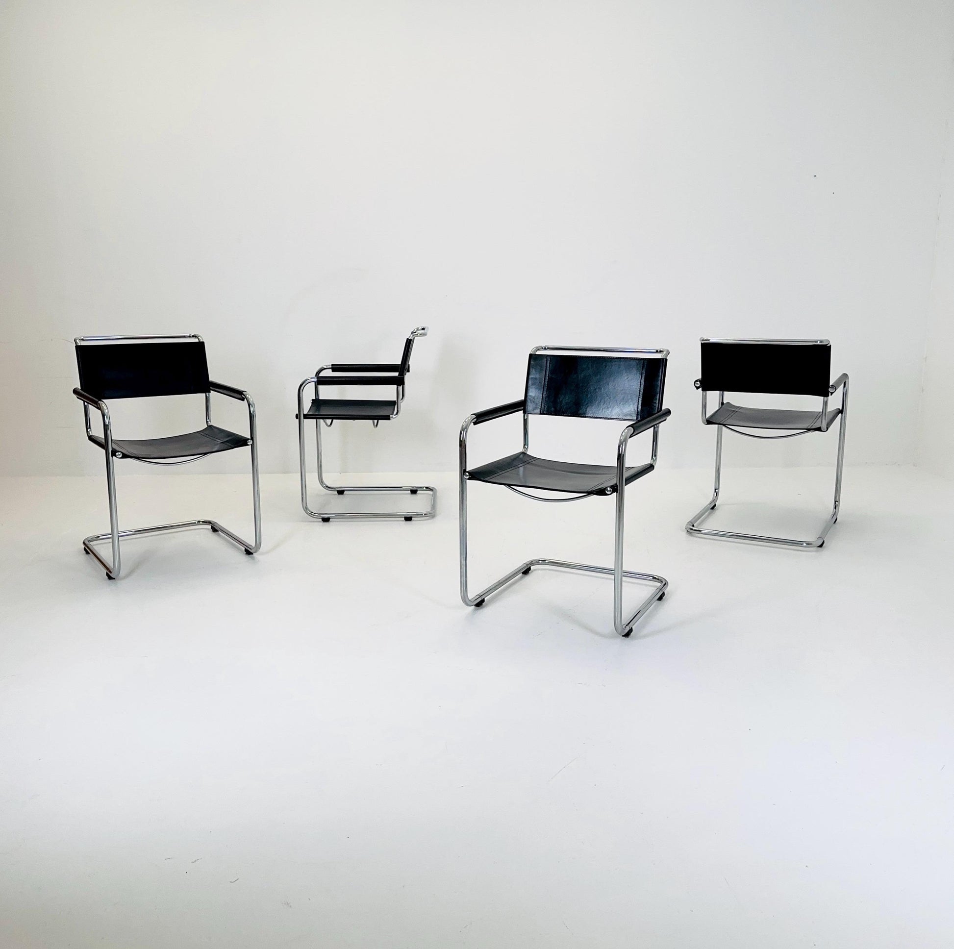 Set of 4 Mid Century S34 armchairs black leather by Mart Stam for Italia Mobilia 1980s