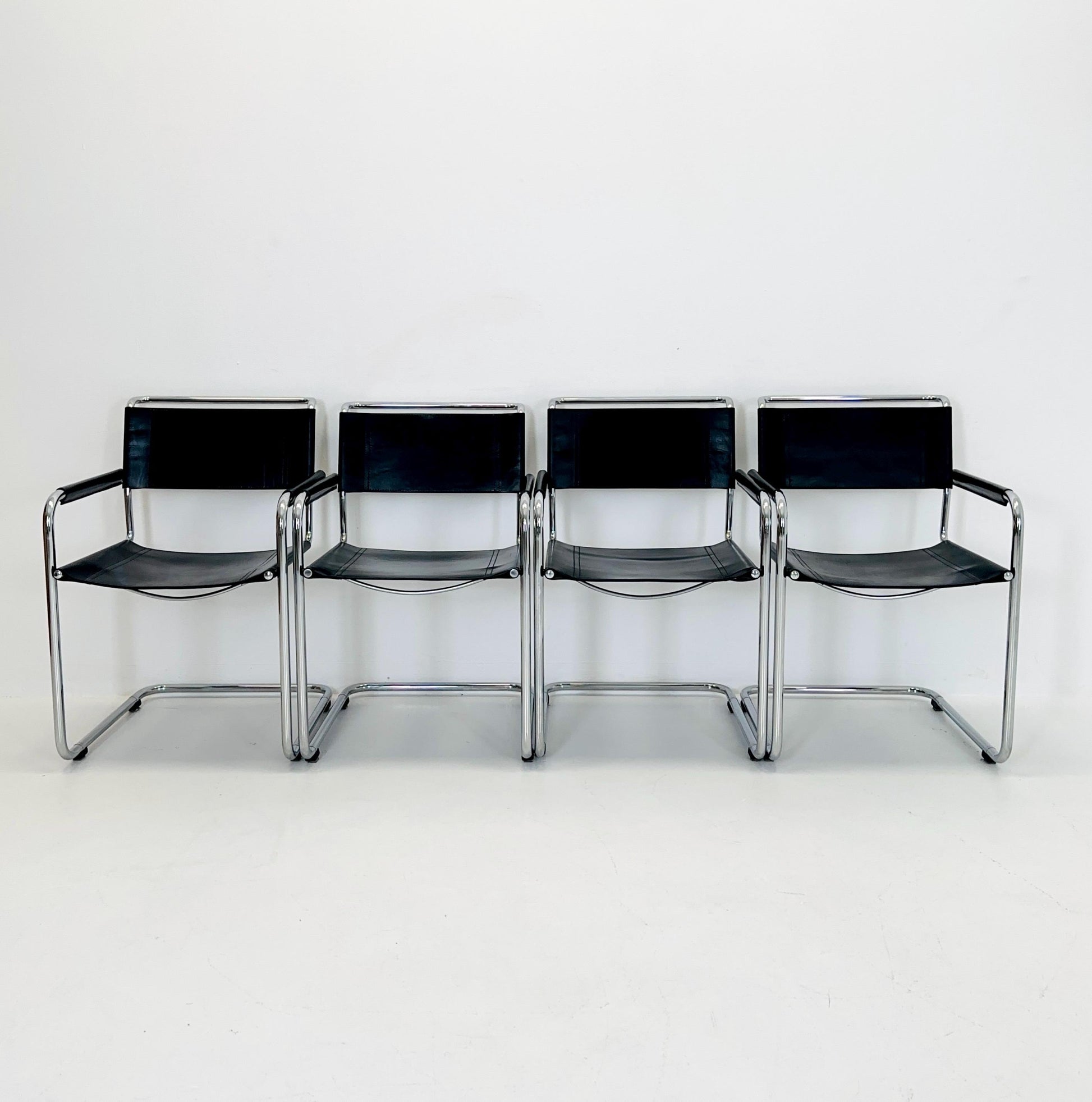 Set of 4 Mid Century S34 armchairs black leather by Mart Stam for Italia Mobilia 1980s