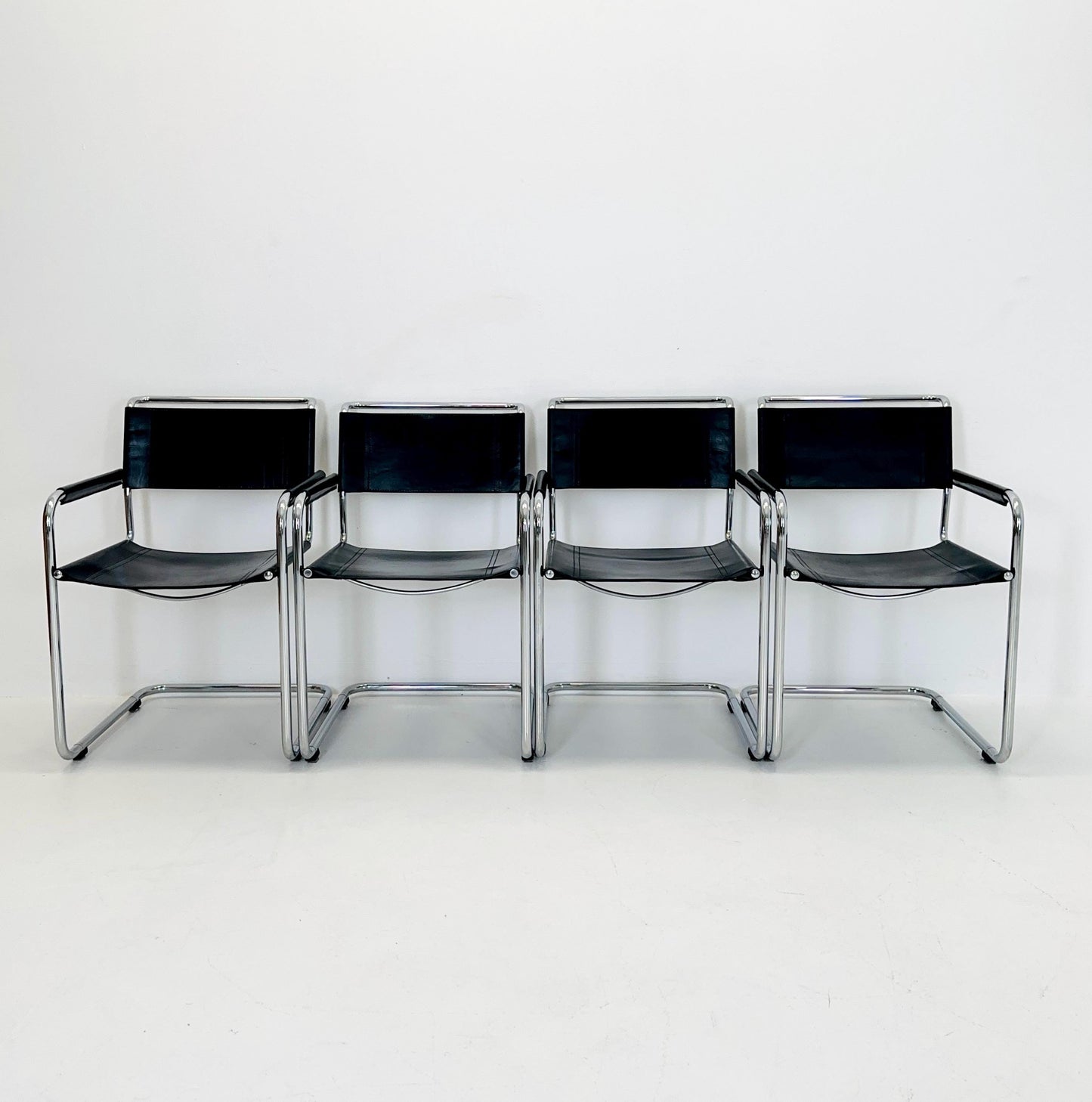 Set of 4 Mid Century S34 armchairs black leather by Mart Stam for Italia Mobilia 1980s