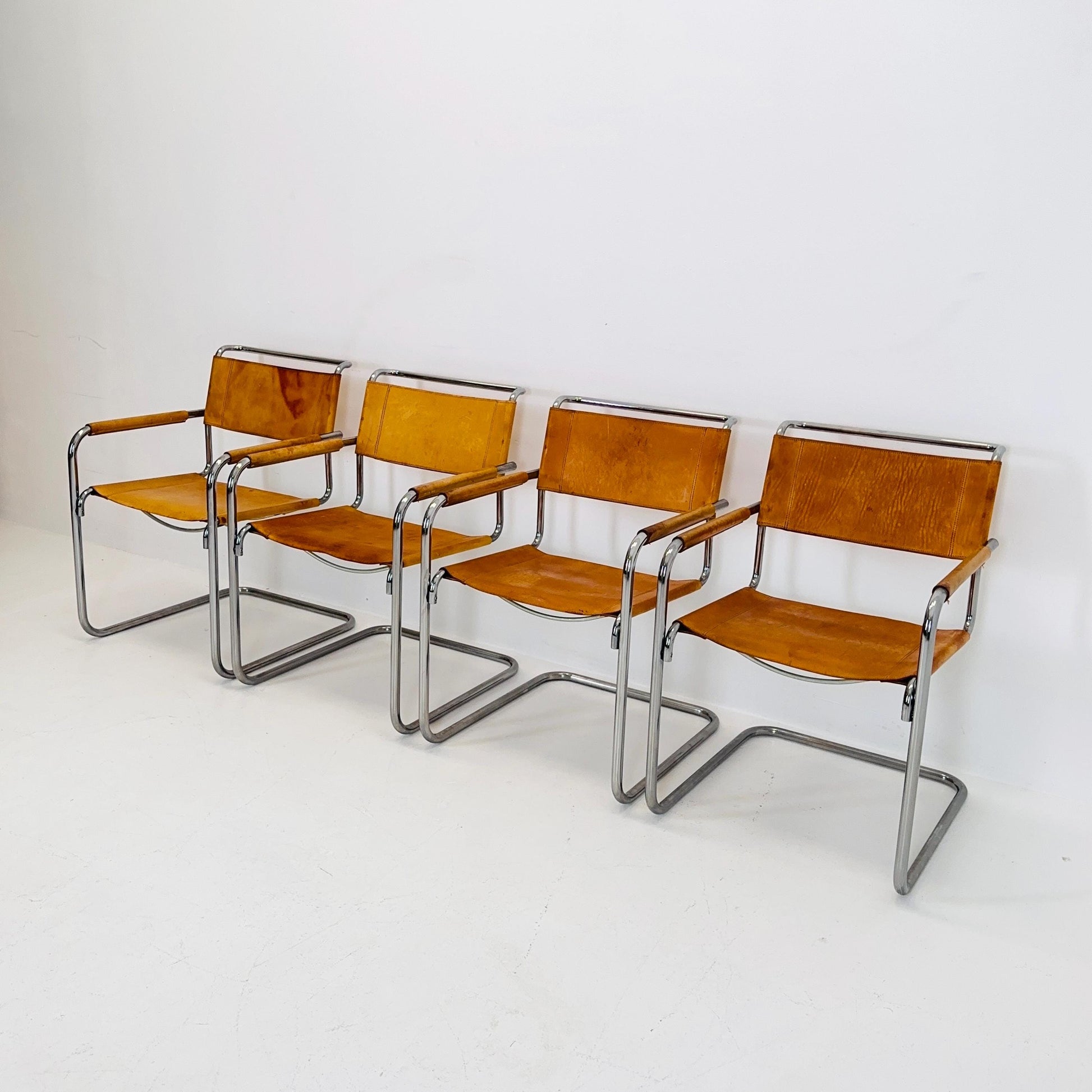 Set of 4 Cantilever Armchairs S34 in Cognac Leather for Mart Stam by Thonet, 1980s