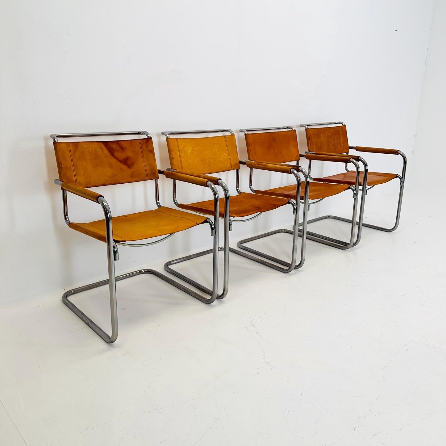 Set of 4 Cantilever Armchairs S34 in Cognac Leather for Mart Stam by Thonet, 1980s