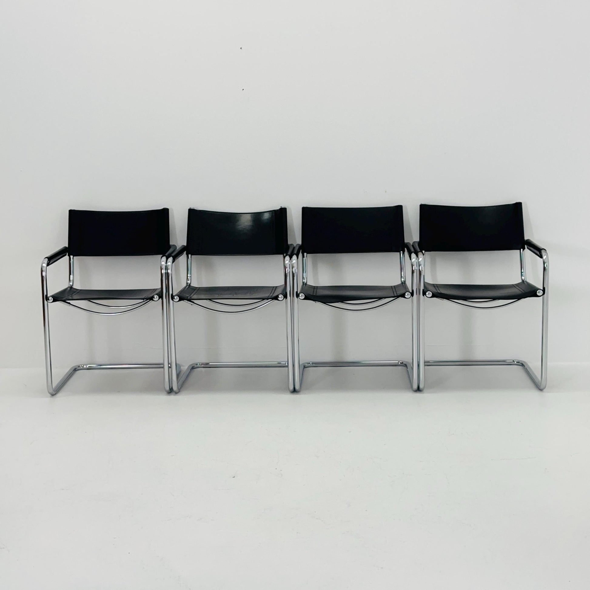Set of 4 Mid century B34 Matteo Grassi Mg5 black leather cantilever chairs by Mart Stam italy 1980s