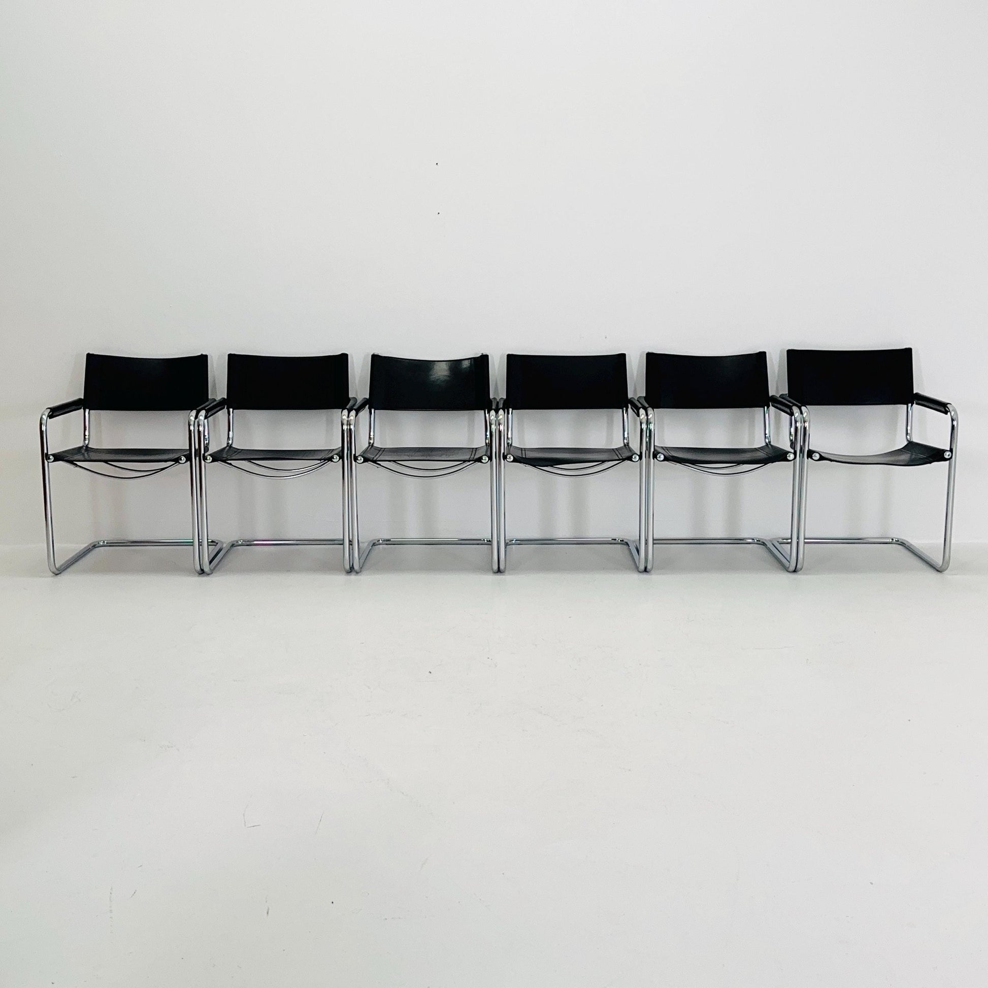Set of 6 Mid century B34 Matteo Grassi Mg5 black leather cantilever chairs by Mart Stam italy 1980s