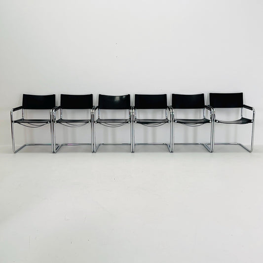 Set of 6 Mid century B34 Matteo Grassi Mg5 black leather cantilever chairs by Mart Stam italy 1980s