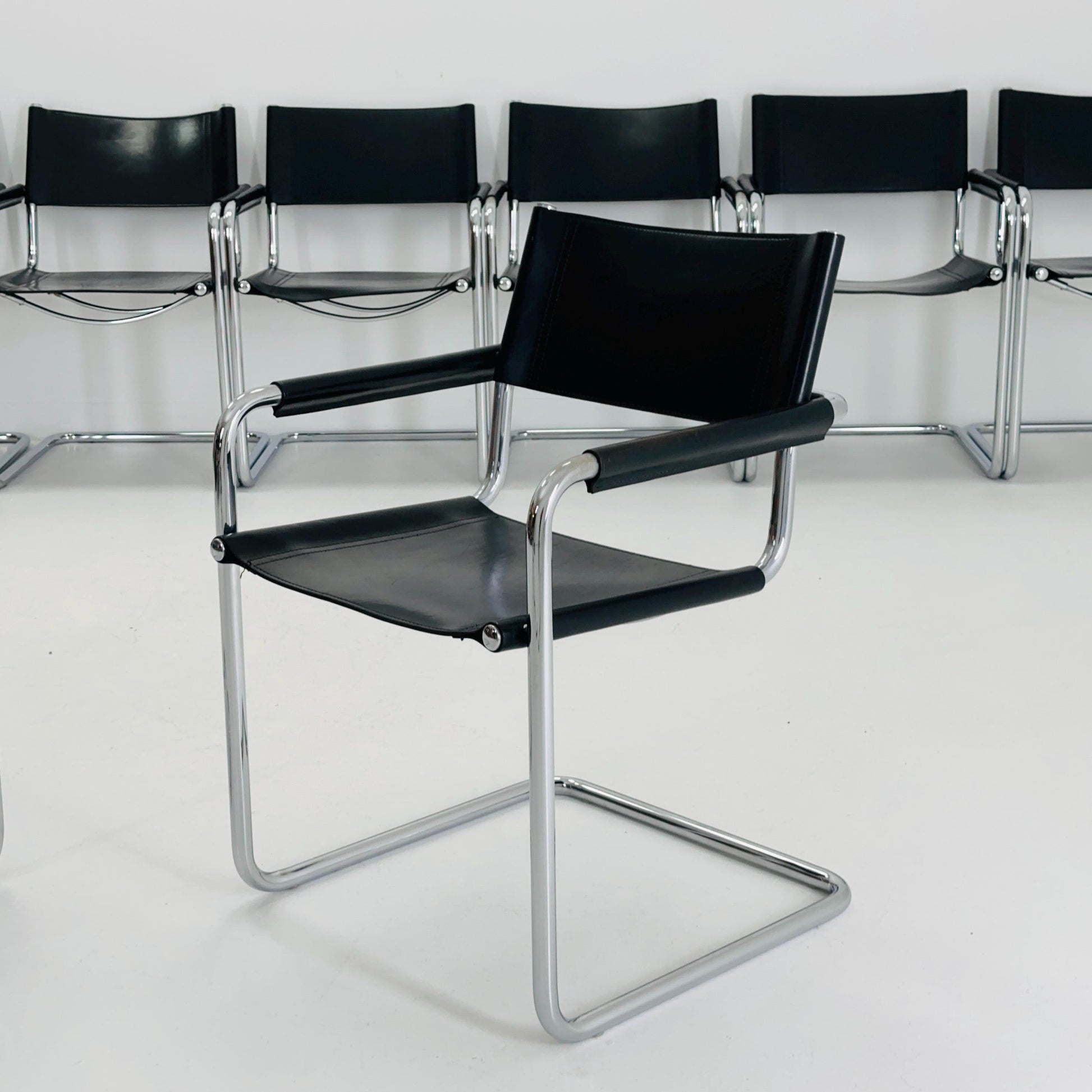 Set of 6 Mid century B34 Matteo Grassi Mg5 black leather cantilever chairs by Mart Stam italy 1980s