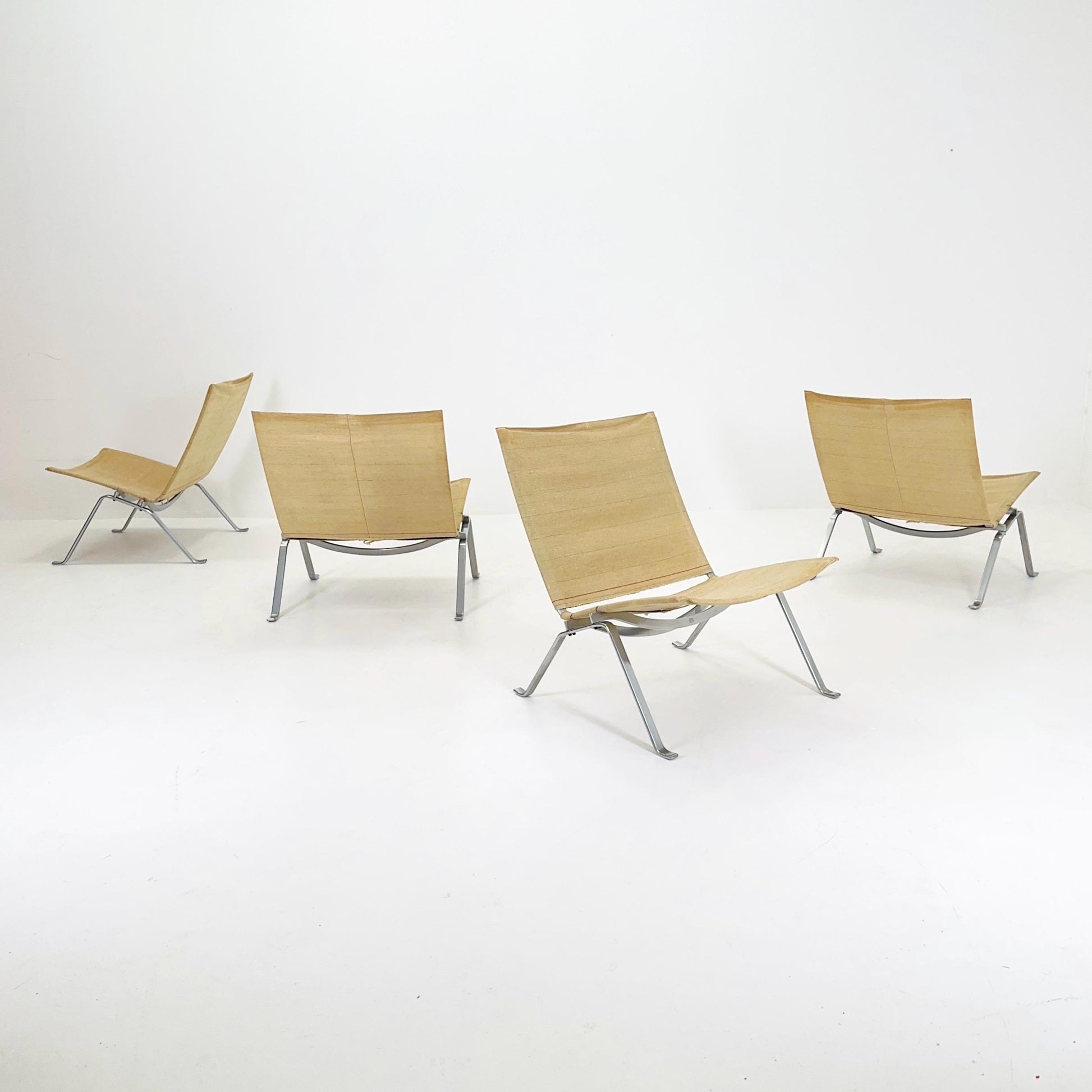 Set of 4 Mid century modern Poul Kjærholm PK22 Lounge Chairs by Fritz Hansen Canvas Upholstery Denmark , 1980s