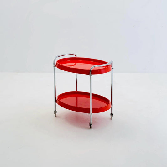 Space Age oval Vintage red Plastic Chrome Bar Cart/trolley 1970s, Italy