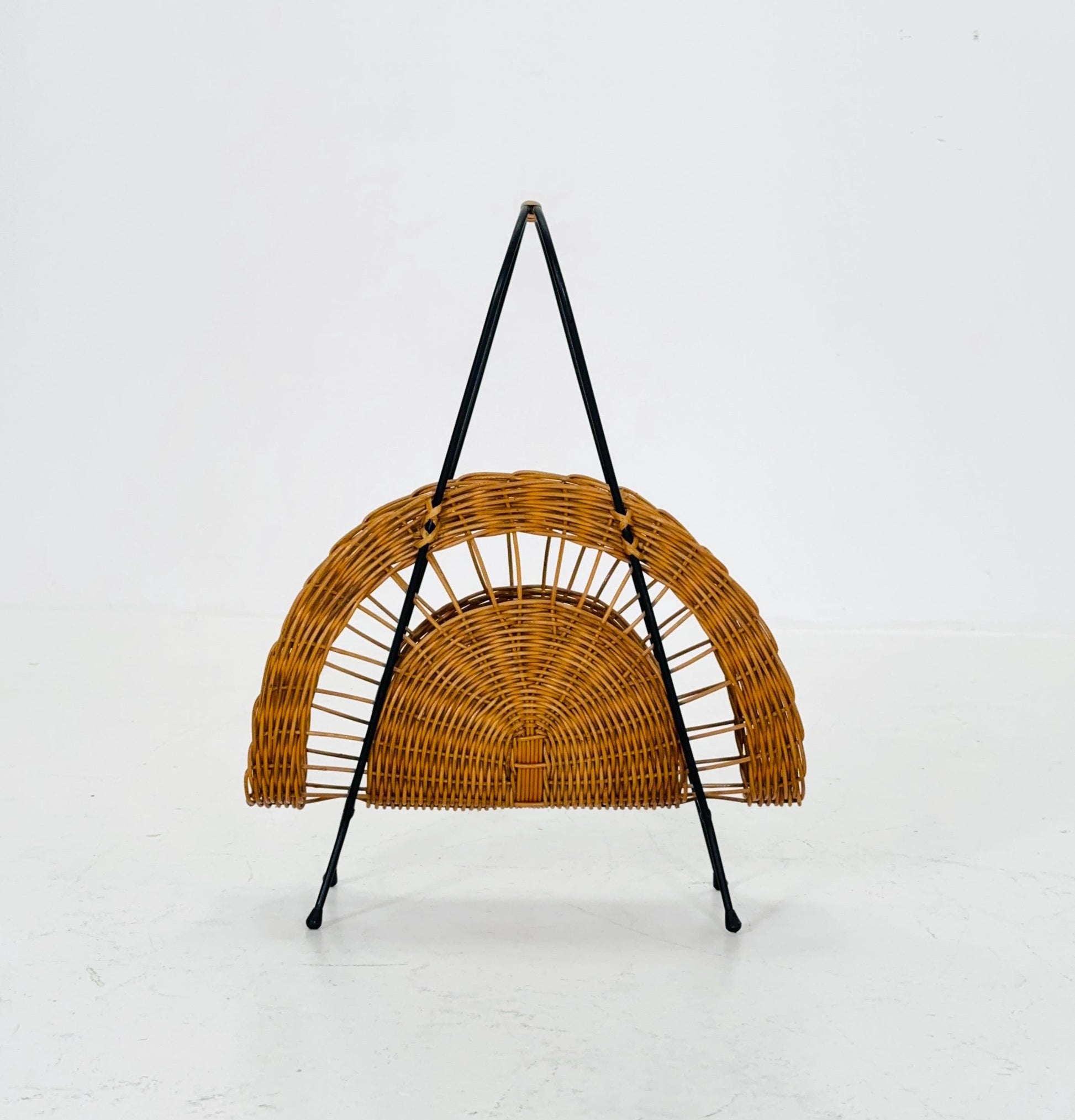 Vintage Woven Wicker Magazine Rack - Mid-Century Modern Storage Organizer - Rustic Boho Germany 1960s