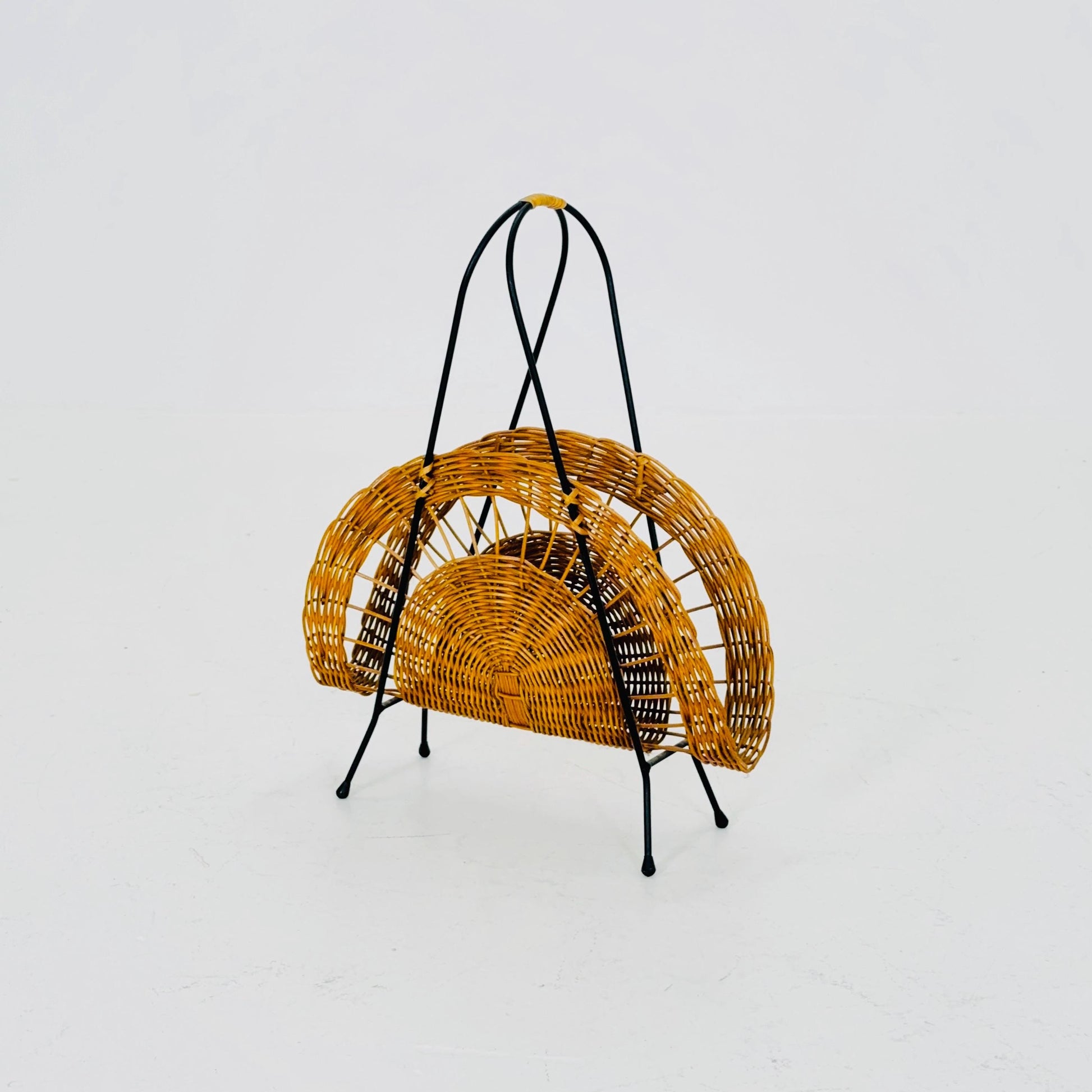 Vintage Woven Wicker Magazine Rack - Mid-Century Modern Storage Organizer - Rustic Boho Germany 1960s