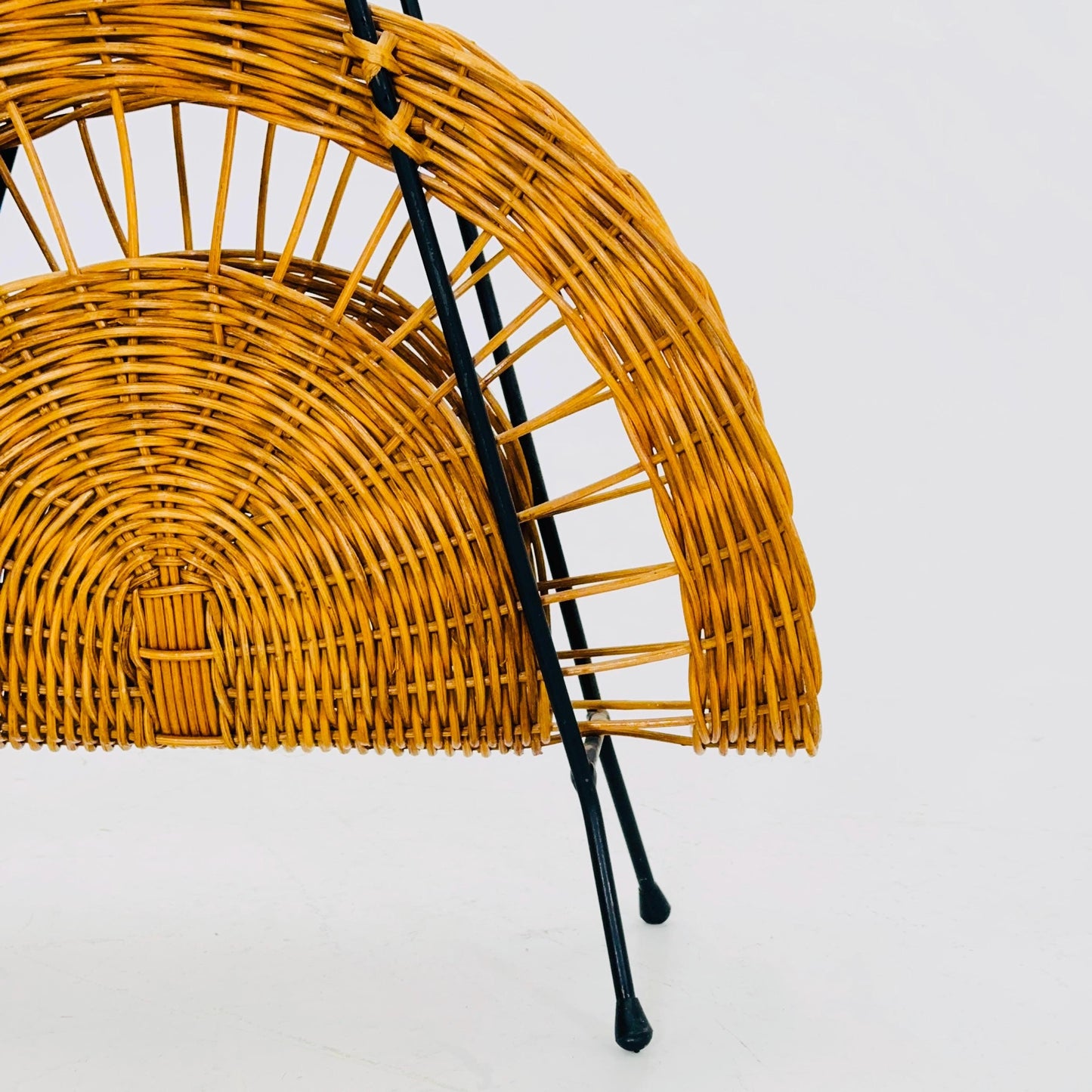 Vintage Woven Wicker Magazine Rack - Mid-Century Modern Storage Organizer - Rustic Boho Germany 1960s