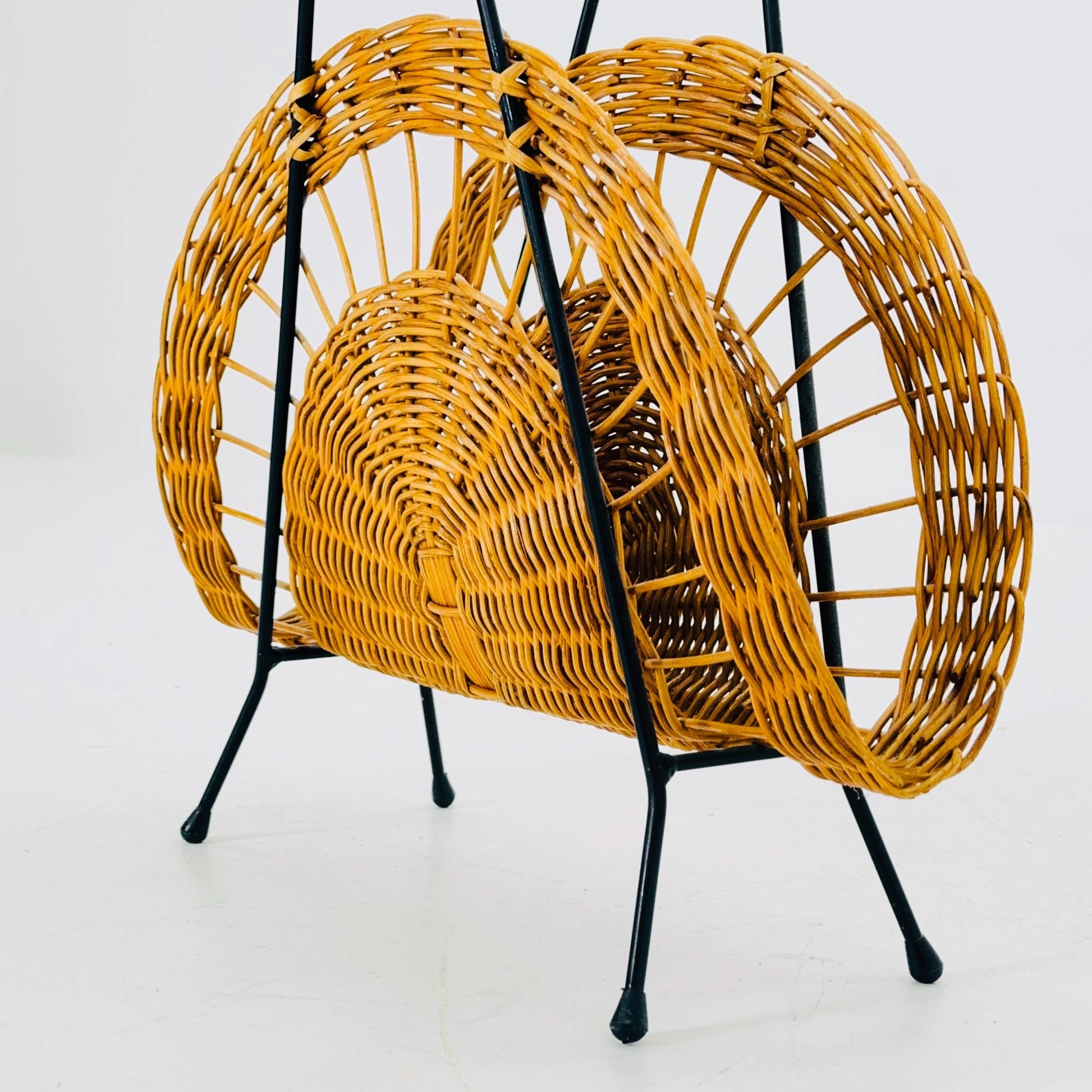 Vintage Woven Wicker Magazine Rack - Mid-Century Modern Storage Organizer - Rustic Boho Germany 1960s