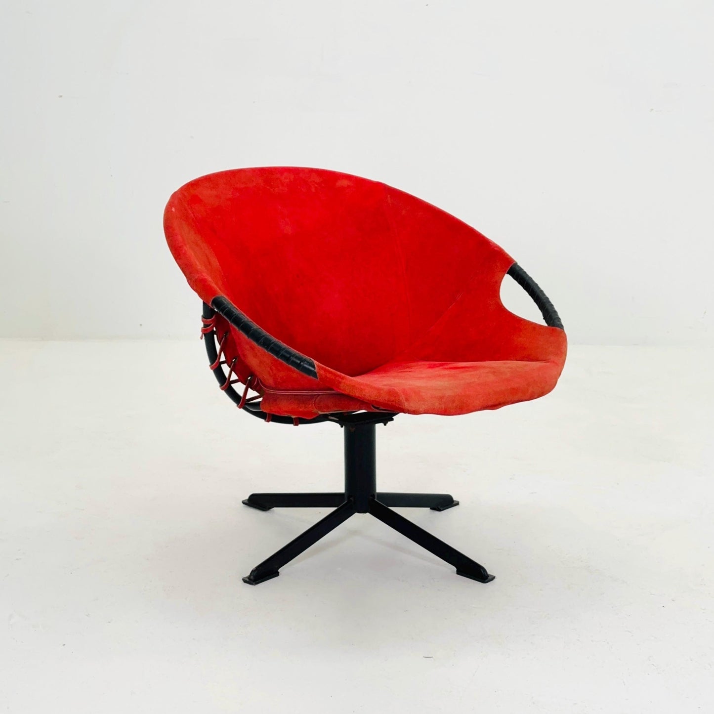 Mid century Suede Lounge Chair with Black Iron Frame , Mcm Design Germany 1960s