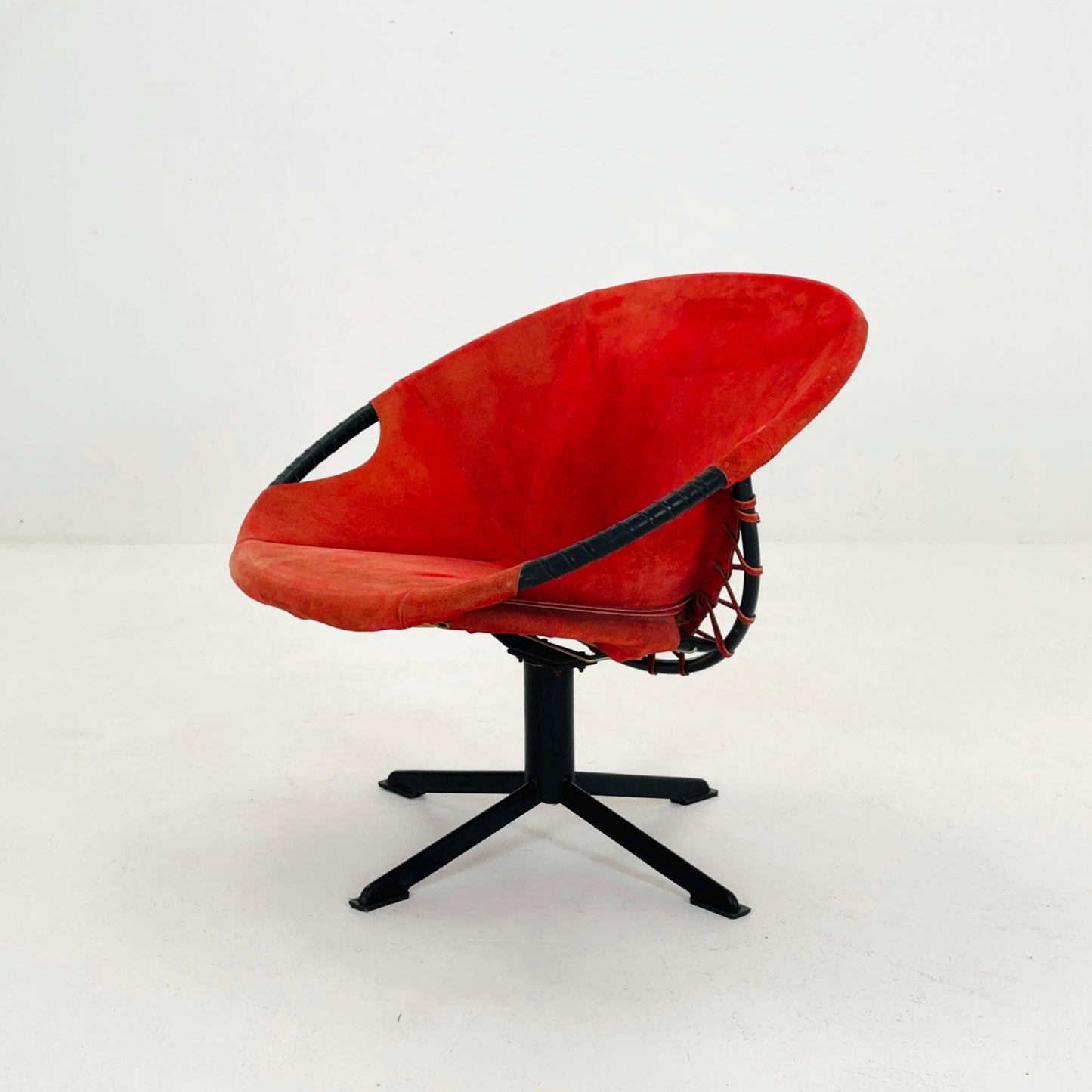 Mid century Suede Lounge Chair with Black Iron Frame , Mcm Design Germany 1960s