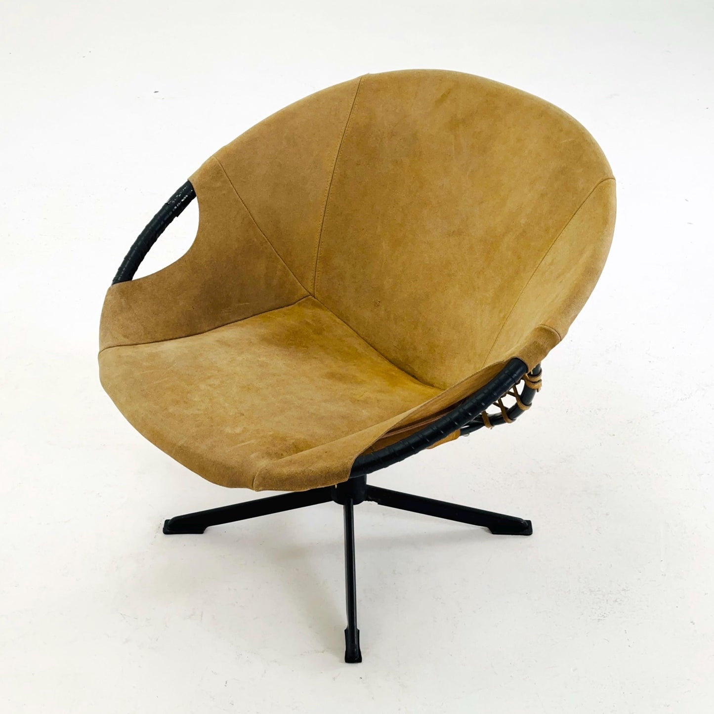 Mid century Suede Lounge Chair with Black Iron Frame , Mcm Design Germany 1960s