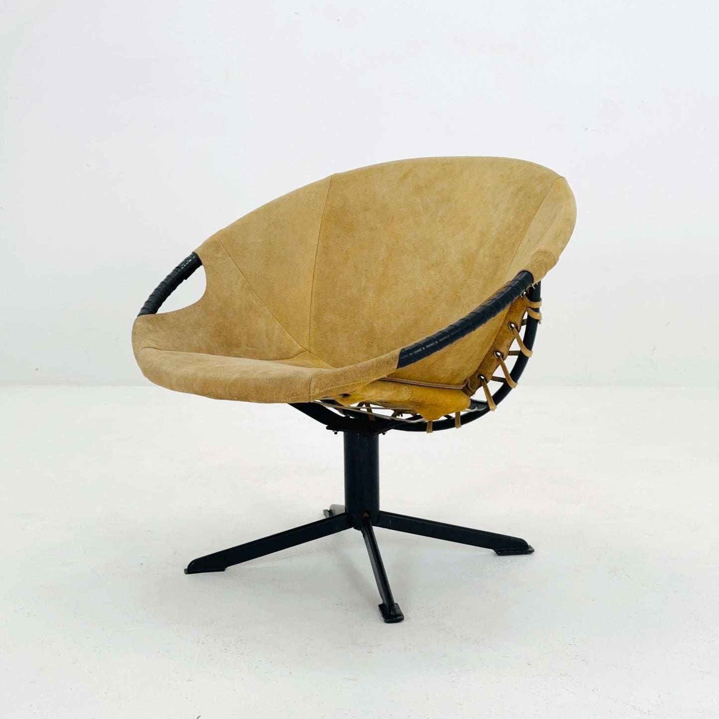 Mid century Suede Lounge Chair with Black Iron Frame , Mcm Design Germany 1960s