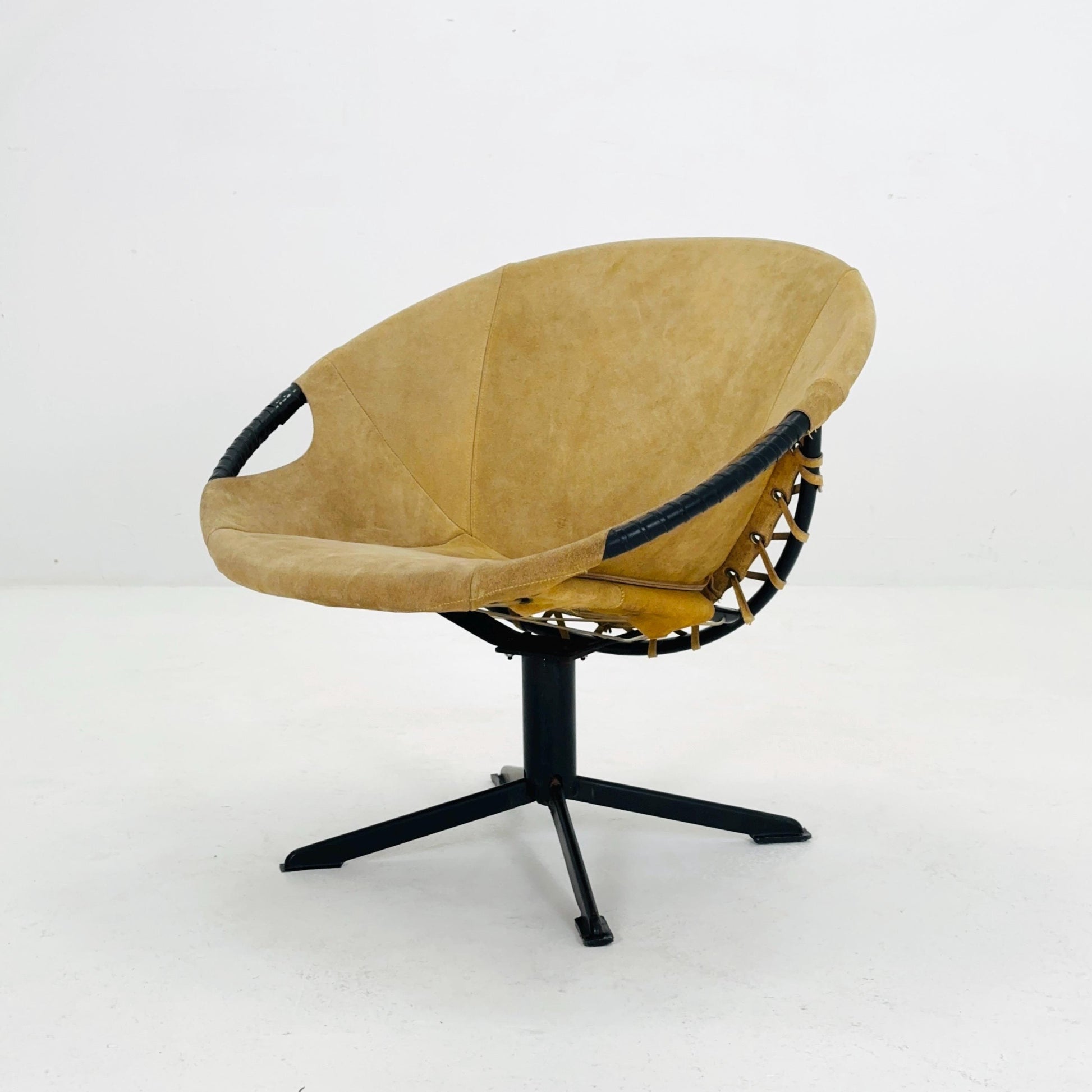 Mid century Suede Lounge Chair with Black Iron Frame , Mcm Design Germany 1960s