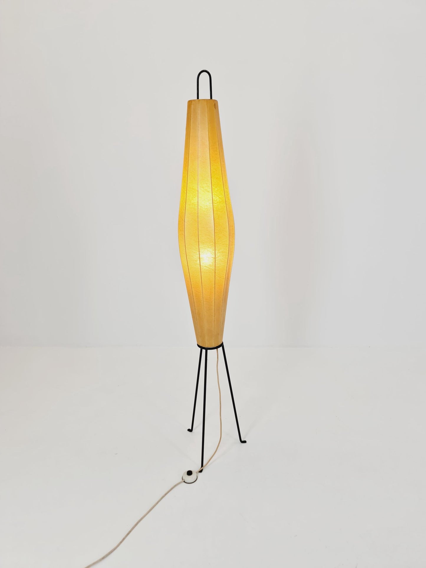 Mid century Danish tripod floor lamp in metal and cocoon shade By Klingele for Artimeta 1957s
