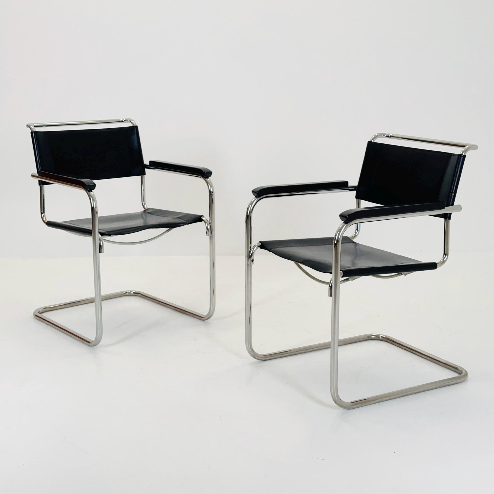 Set of 2 Bauhaus black leather iconic armchairs by mart Stam for Thonet 1980s
