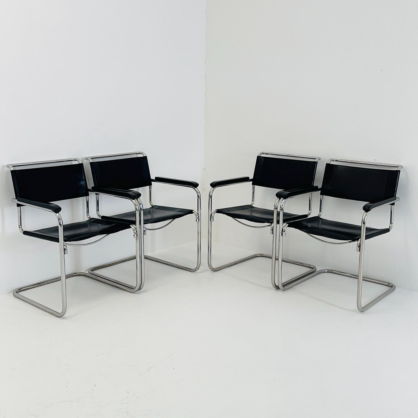 Set of 4 Bauhaus black leather iconic armchairs by mart Stam for Thonet 1980s