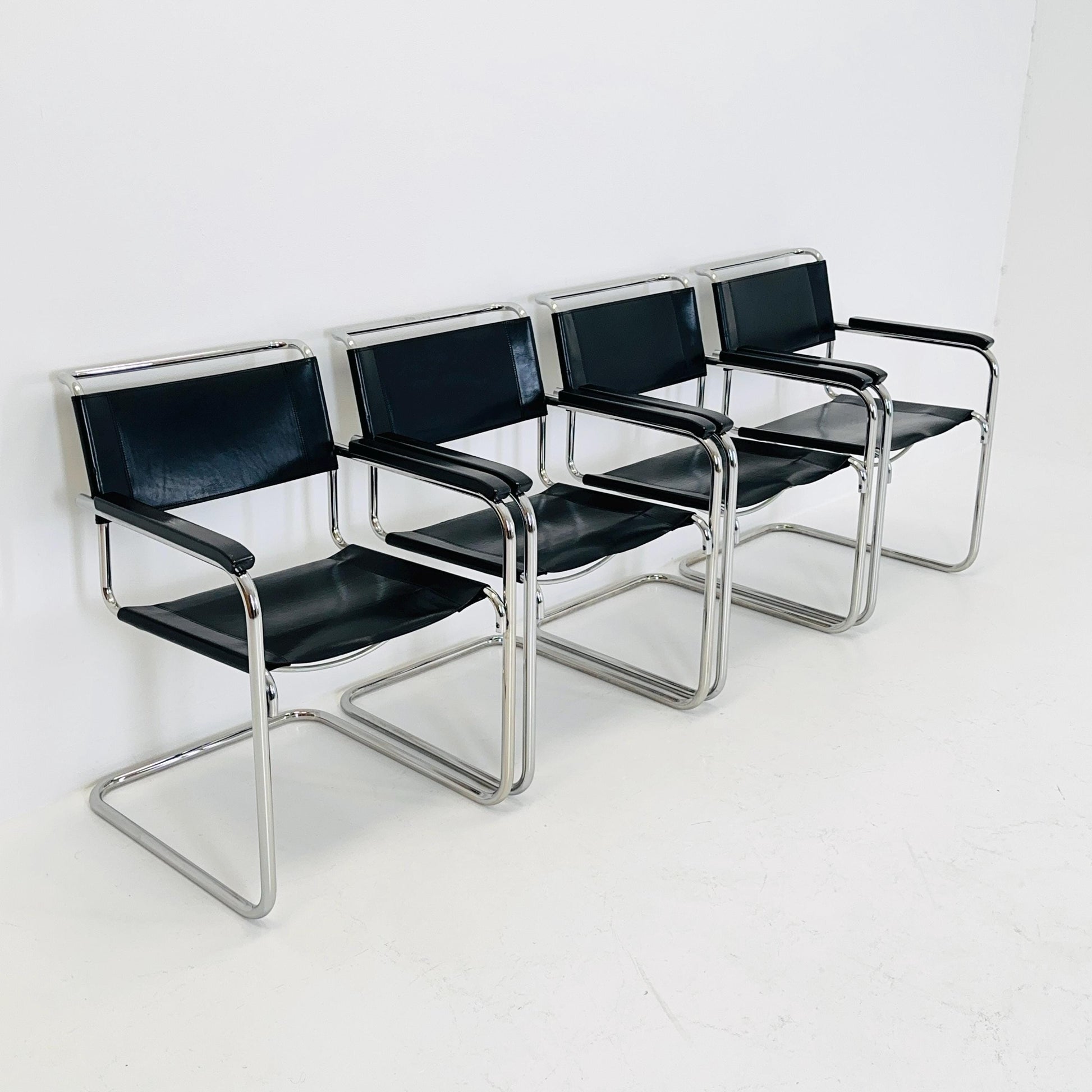 Set of 4 Bauhaus black leather iconic armchairs by mart Stam for Thonet 1980s