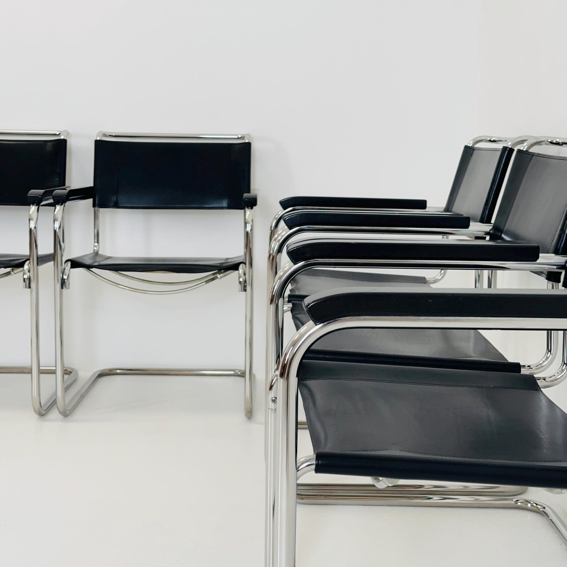 Set of 4 Bauhaus black leather iconic armchairs by mart Stam for Thonet 1980s