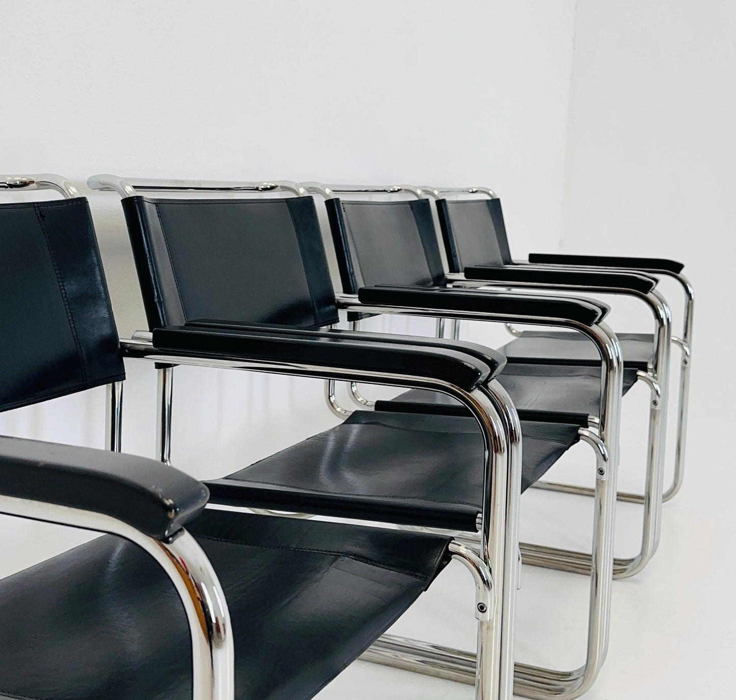 Set of 6 Bauhaus black leather iconic armchairs by mart Stam for Thonet 1980s