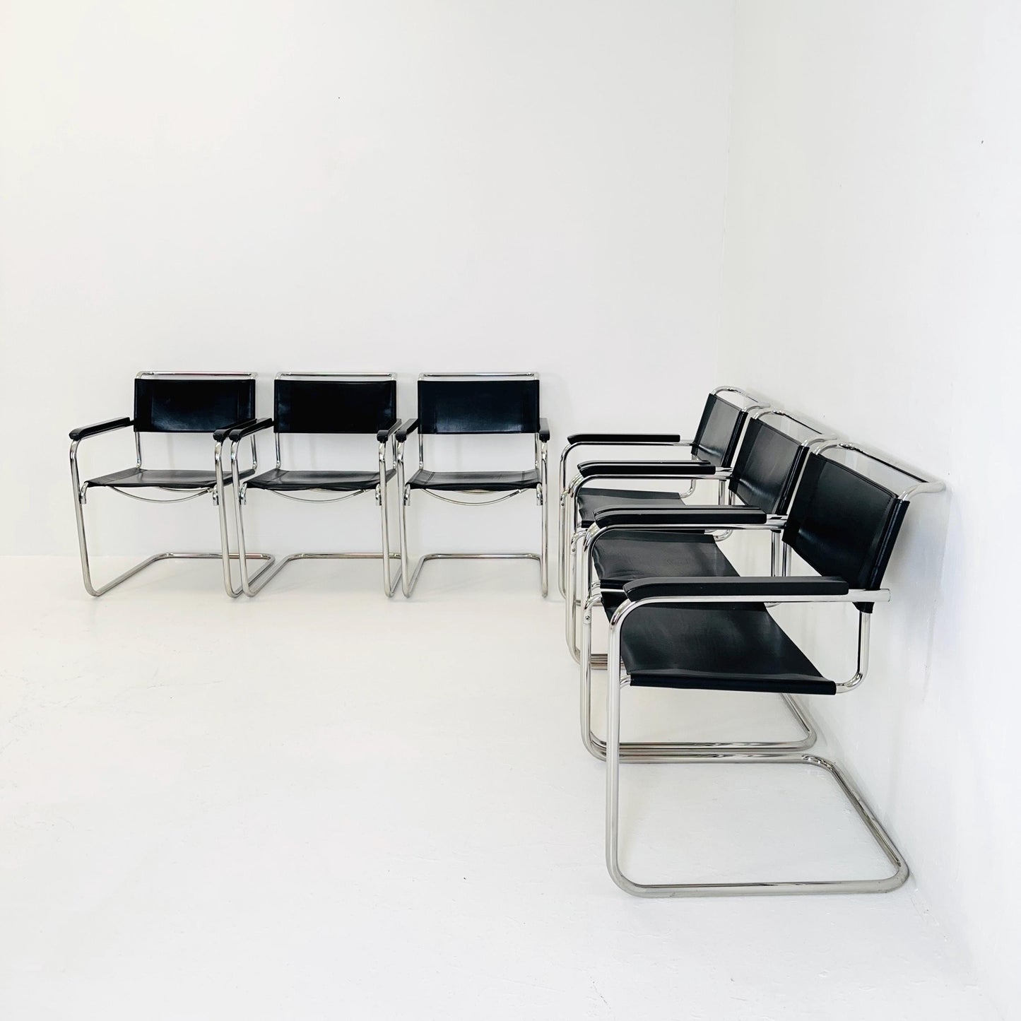 Set of 6 Bauhaus black leather iconic armchairs by mart Stam for Thonet 1980s