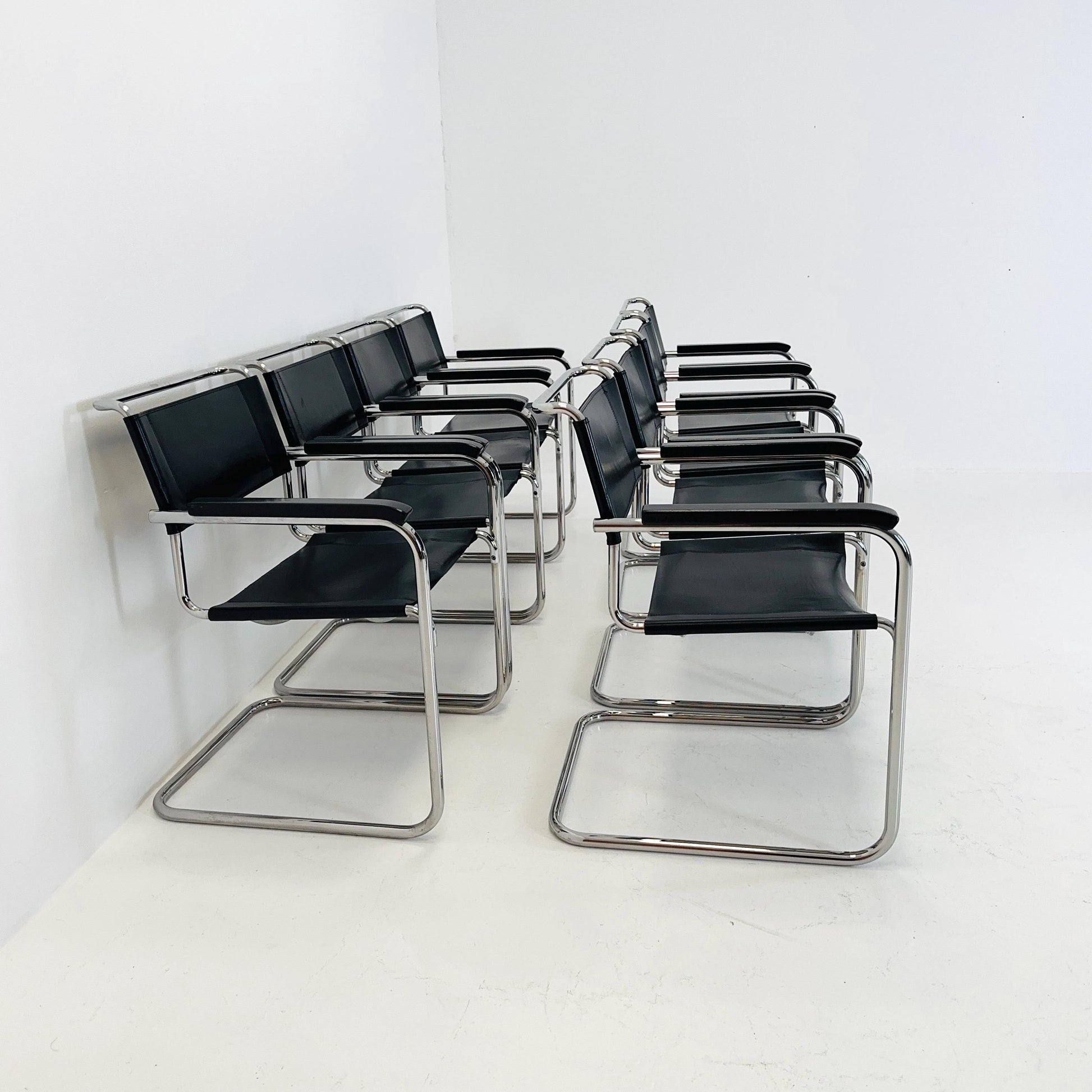 Set of 8 Bauhaus black leather iconic armchairs by mart Stam for Thonet 1980s
