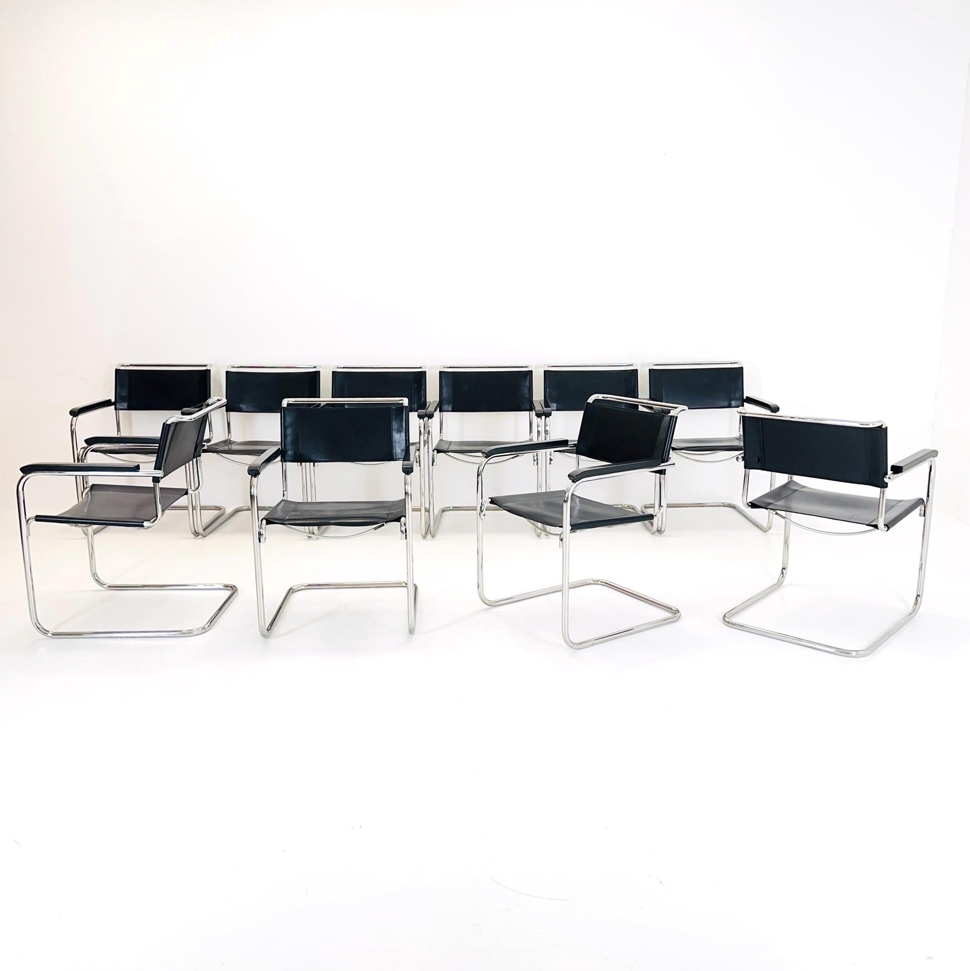Set of 10 Bauhaus black leather iconic armchairs by mart Stam for Thonet 1980s