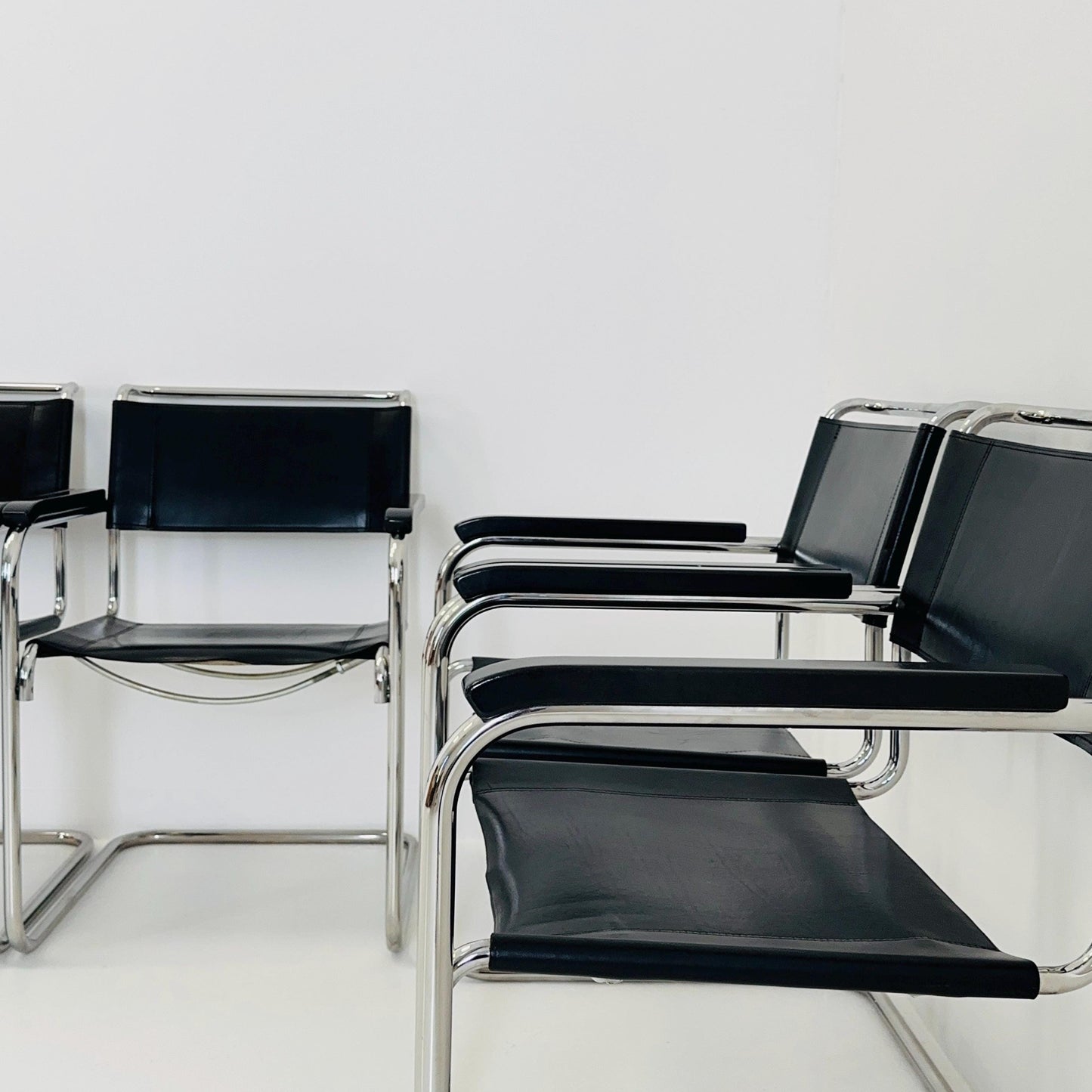Set of 10 Bauhaus black leather iconic armchairs by mart Stam for Thonet 1980s