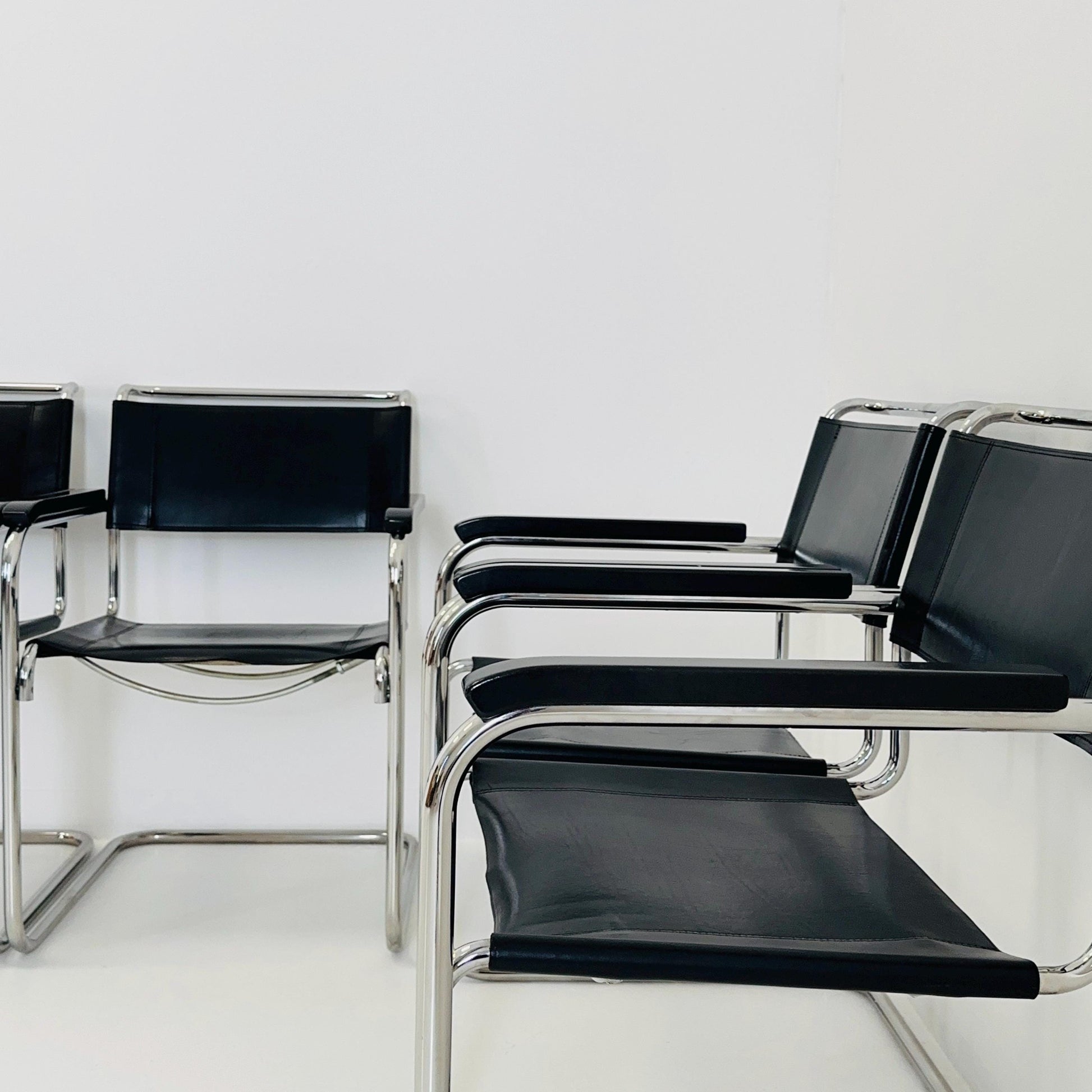 Set of 10 Bauhaus black leather iconic armchairs by mart Stam for Thonet 1980s